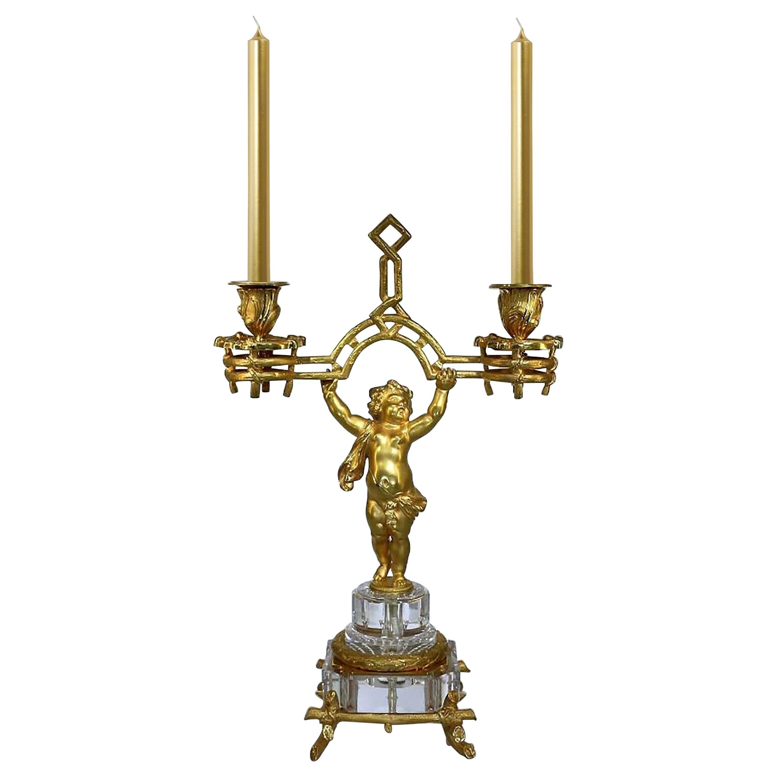 Stunning Baccarat, Fire-Gilded Bronze Putto Candlestick, Napoleon III For Sale