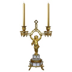 Stunning Baccarat, Fire-Gilded Bronze Putto Candlestick, Napoleon III