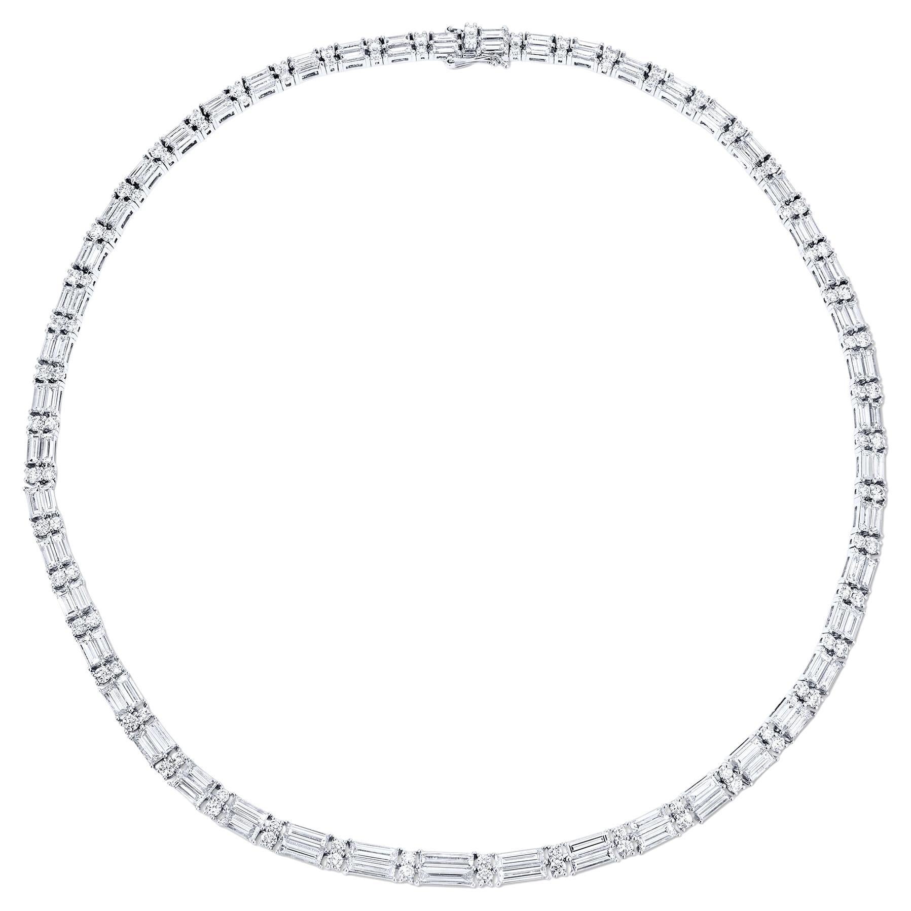 Stunning Baguette and Round Cut Diamond Tennis Necklace 18.22 Carats 18K Gold