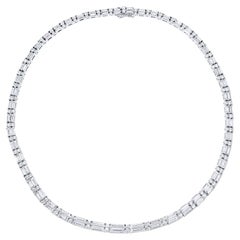 Stunning Baguette and Round Cut Diamond Tennis Necklace 18.22 Carats 18K Gold