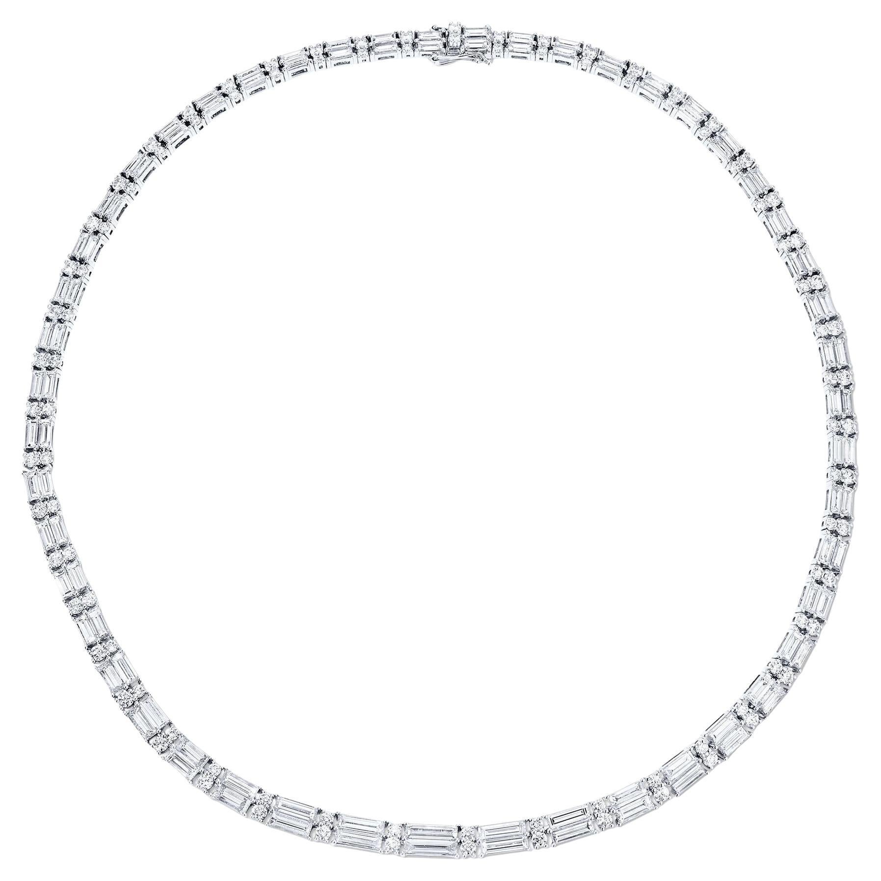 Stunning Baguette and Round Cut Diamond Tennis Necklace 18.22 Carats 18K Gold