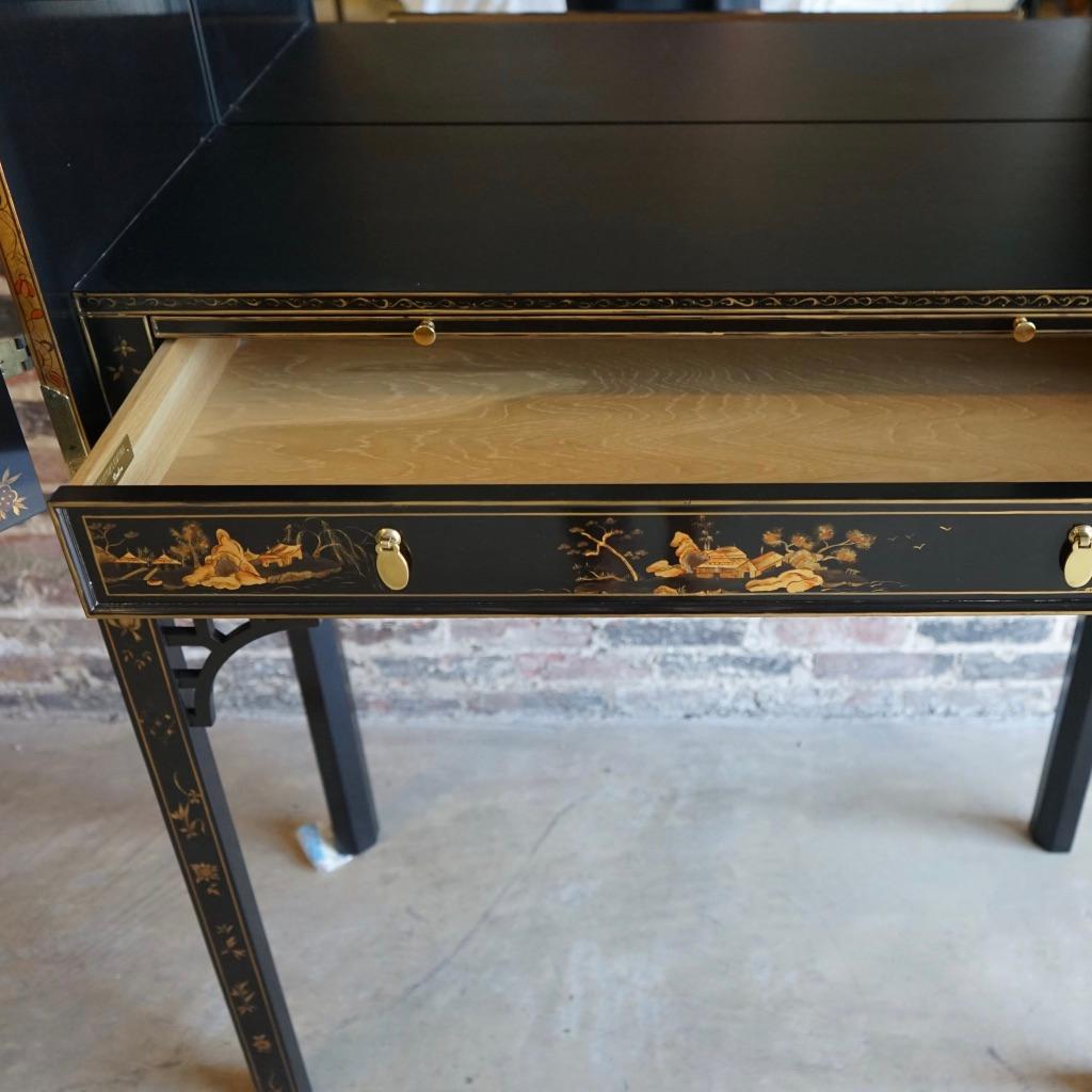 Stunning Baker Furniture Ornate Chinoiserie Lacquered Bar Cabinet on Stand For Sale 2