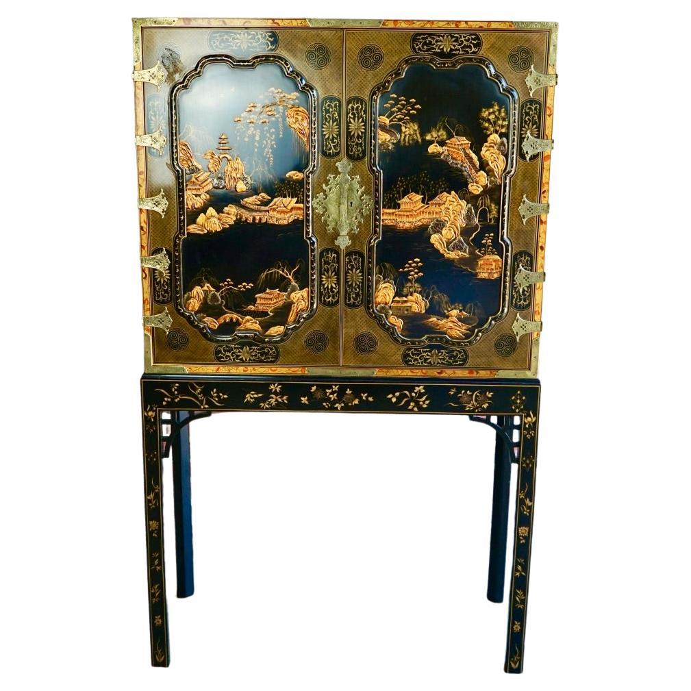 Stunning Baker Furniture Ornate Chinoiserie Lacquered Bar Cabinet on Stand