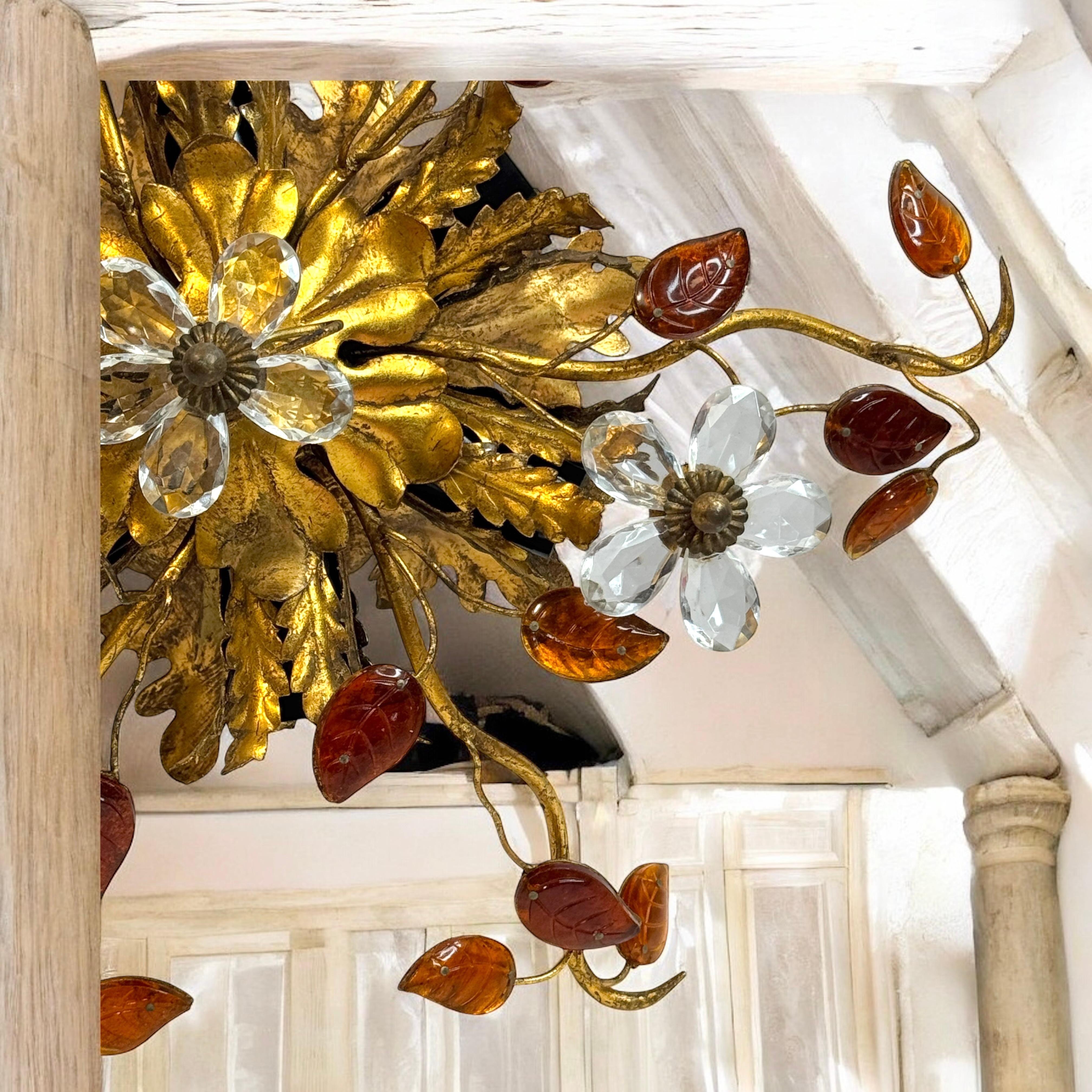 Stunning Banci Firenze Florentine Murano Glass Flush Mount Tole Toleware Gilt For Sale 2