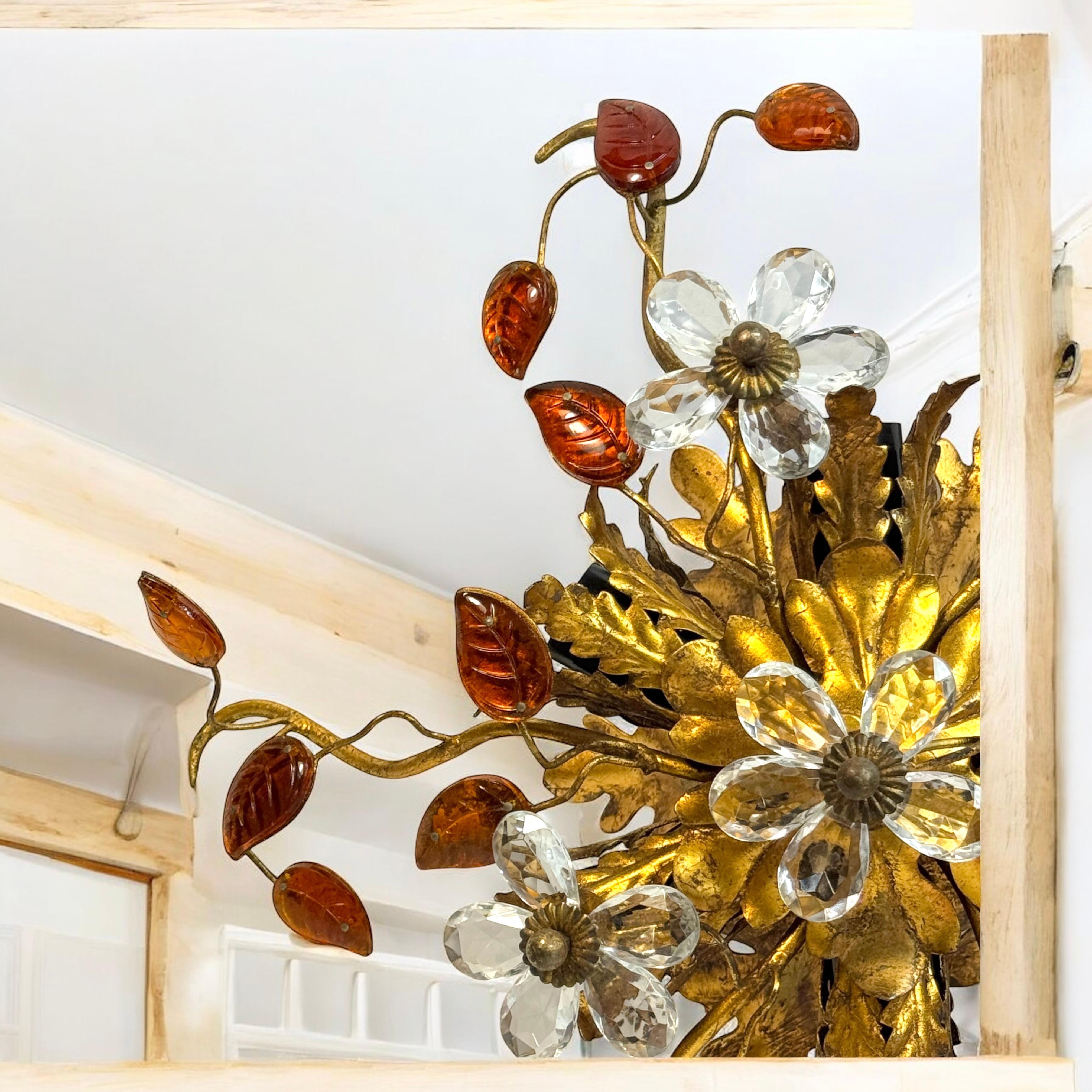 Stunning Banci Firenze Florentine Murano Glass Flush Mount Tole Toleware Gilt For Sale 4