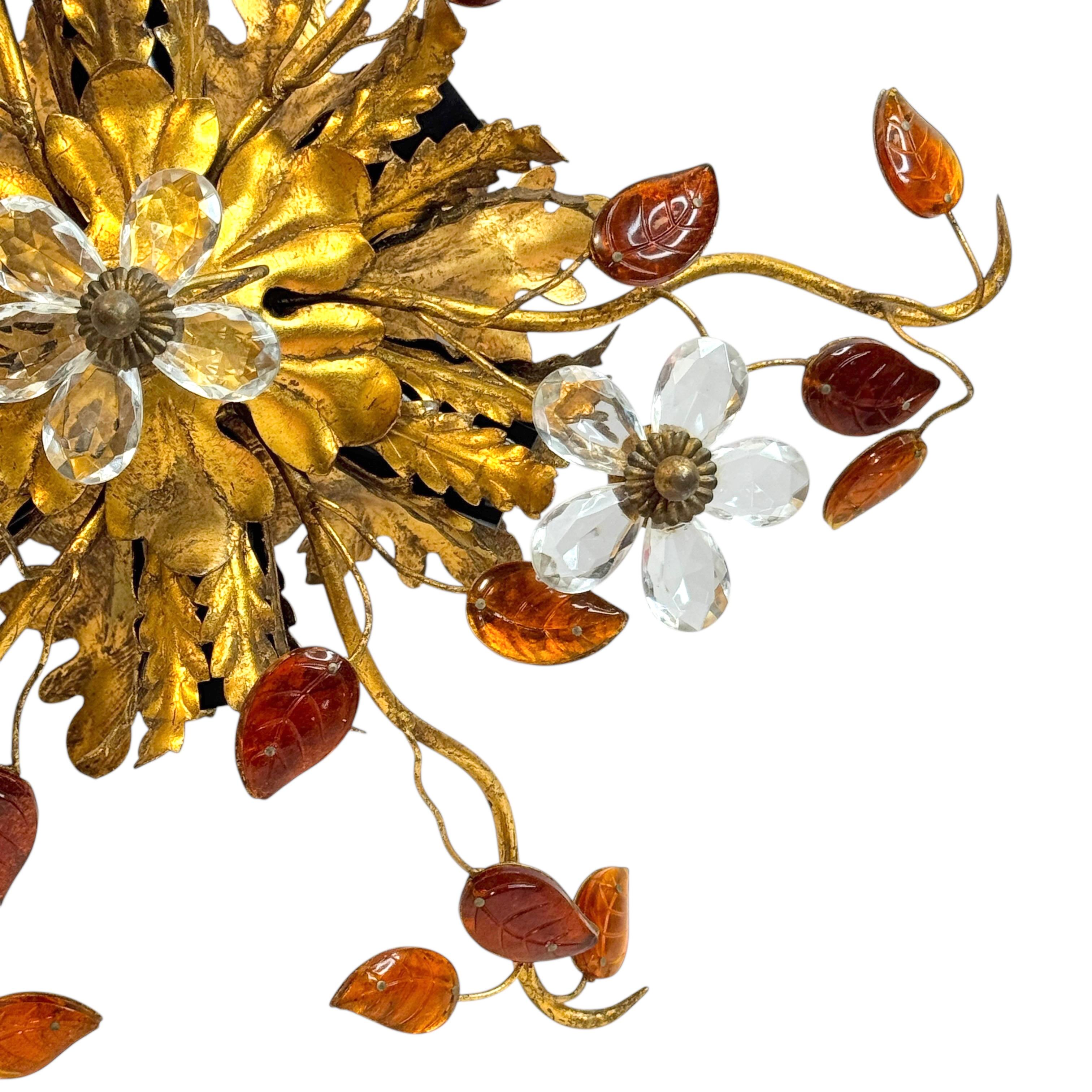 Hollywood Regency Stunning Banci Firenze Florentine Murano Glass Flush Mount Tole Toleware Gilt For Sale