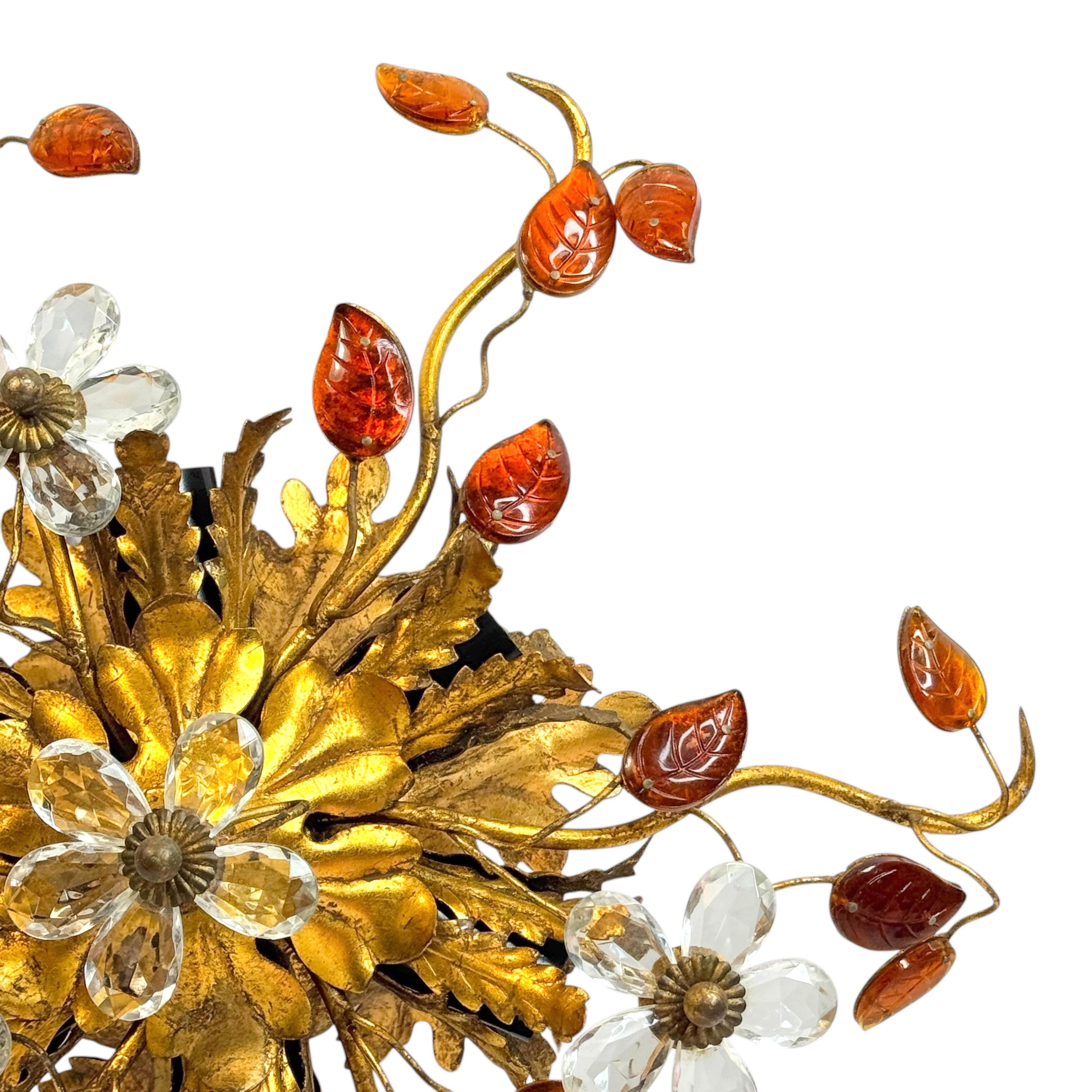 Italian Stunning Banci Firenze Florentine Murano Glass Flush Mount Tole Toleware Gilt For Sale