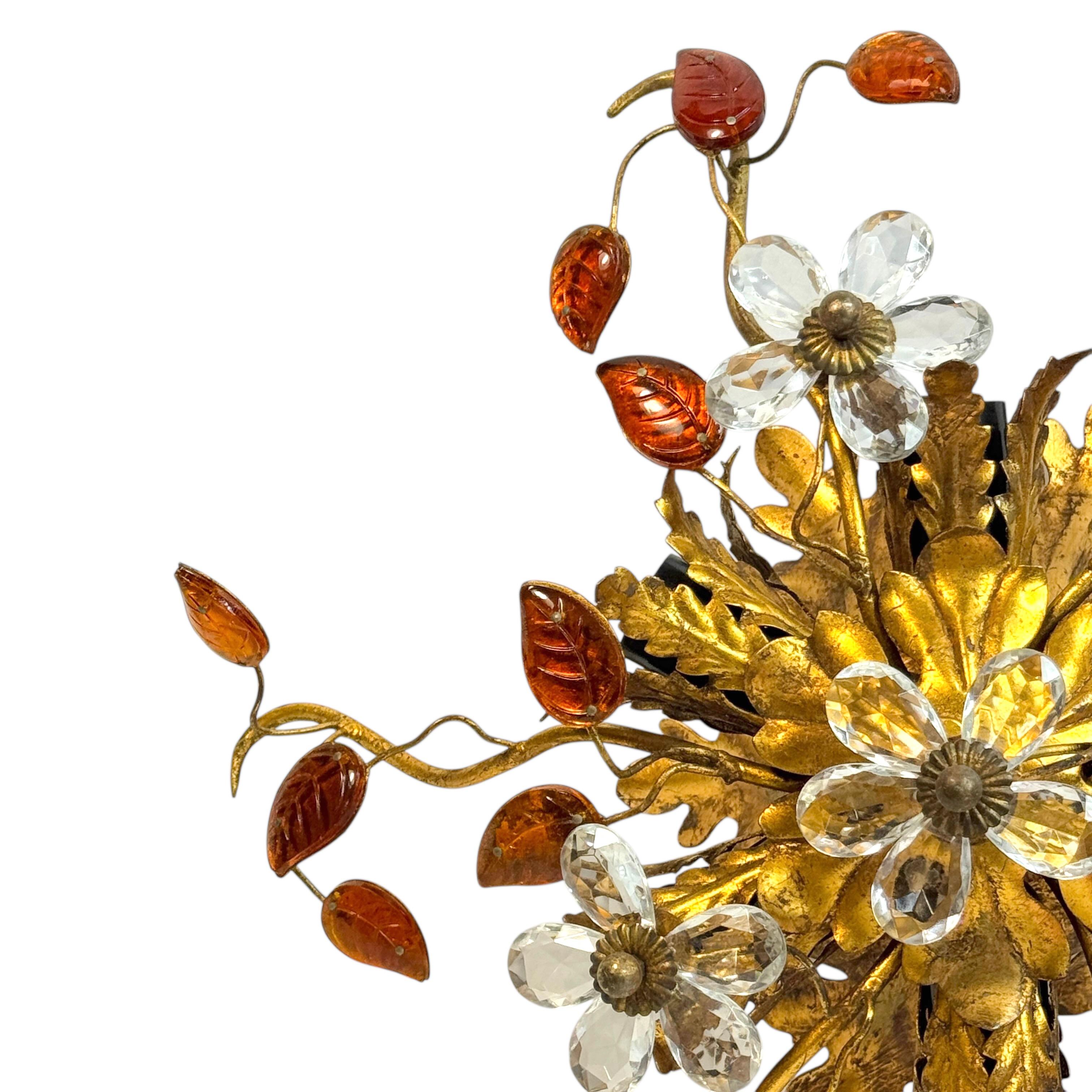 Hand-Crafted Stunning Banci Firenze Florentine Murano Glass Flush Mount Tole Toleware Gilt For Sale
