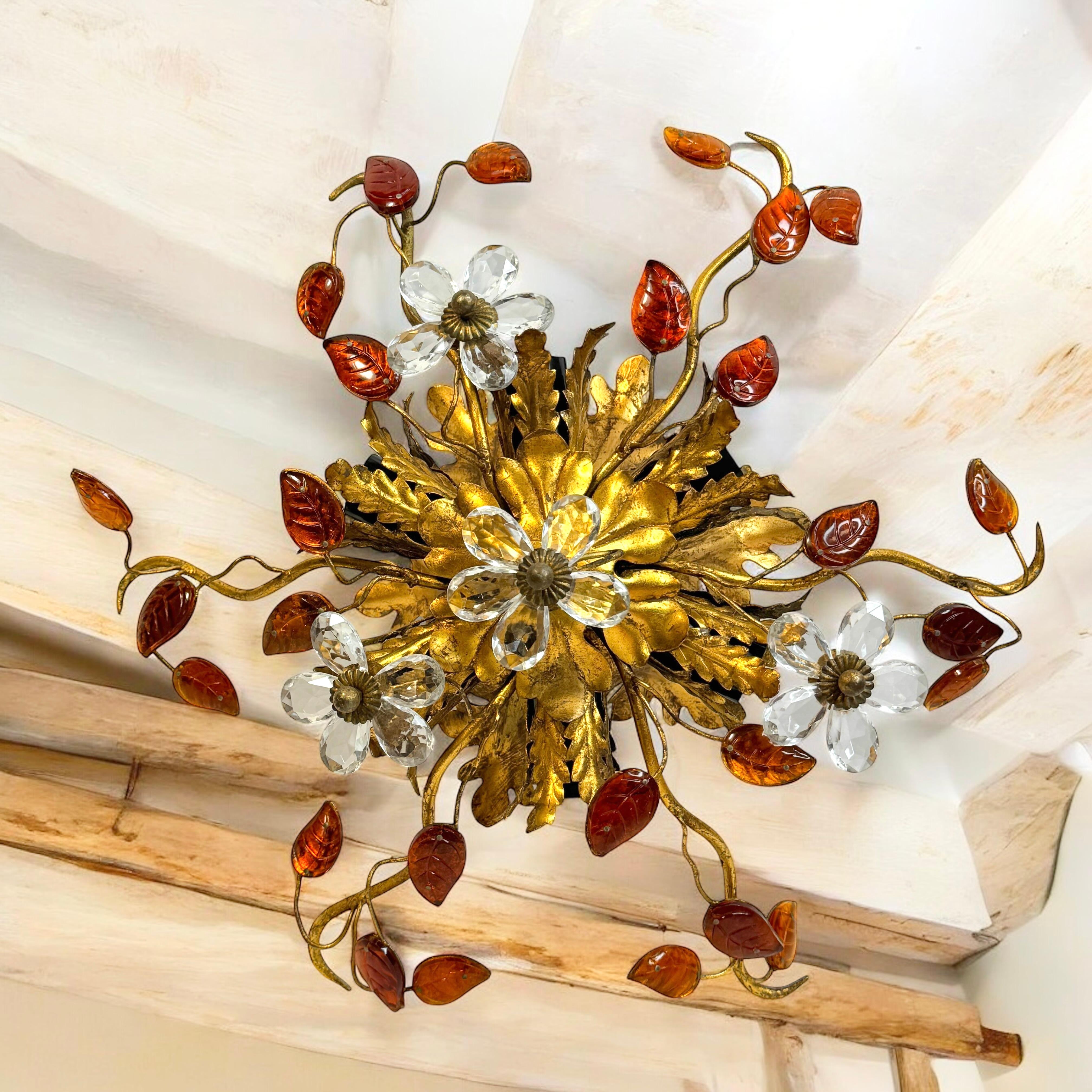 Metal Stunning Banci Firenze Florentine Murano Glass Flush Mount Tole Toleware Gilt For Sale