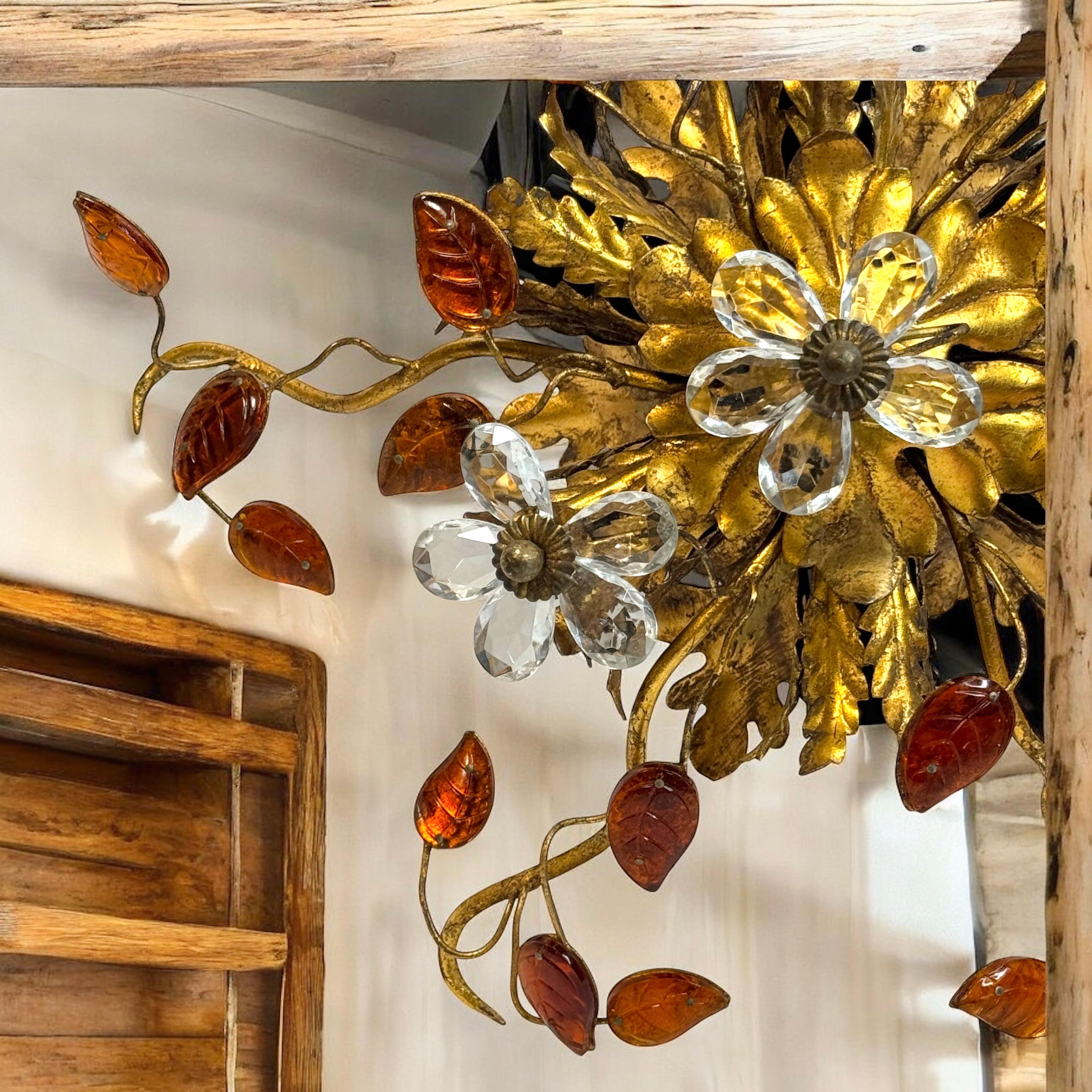 Stunning Banci Firenze Florentine Murano Glass Flush Mount Tole Toleware Gilt For Sale 1