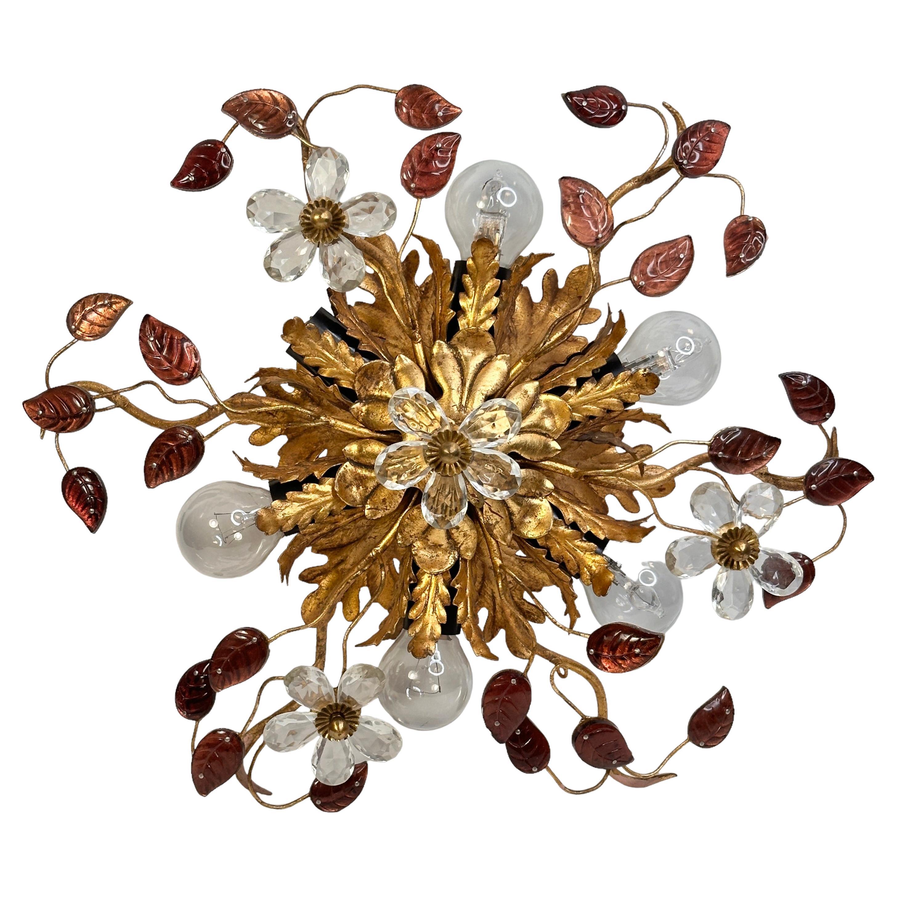 Stunning Banci Firenze Florentine Murano Glass Flush Mount Tole Toleware Gilt For Sale