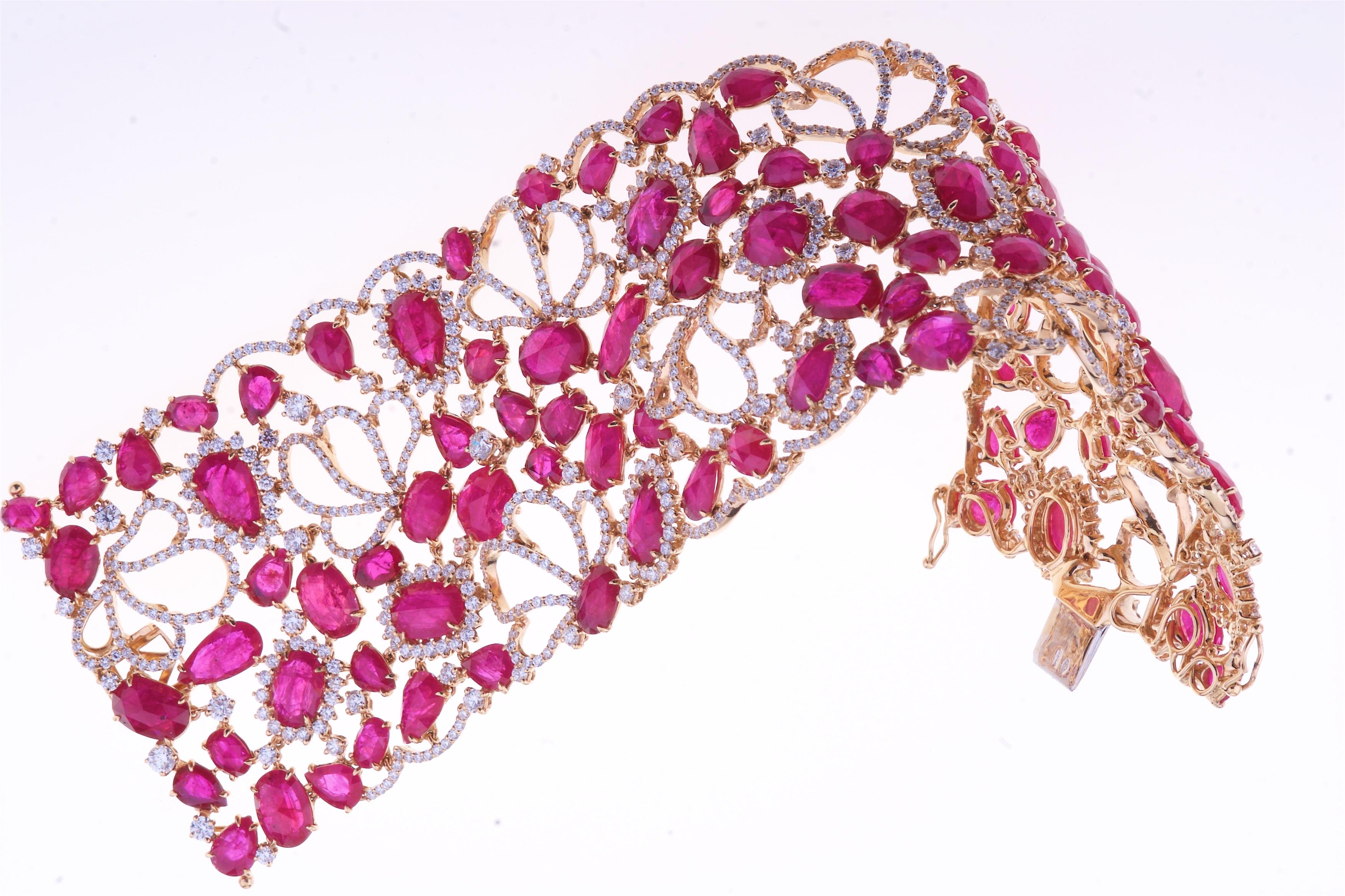 Contemporary Stunning Band Bracelet with Ruby and Diamonds in a Flowers Design For Sale
