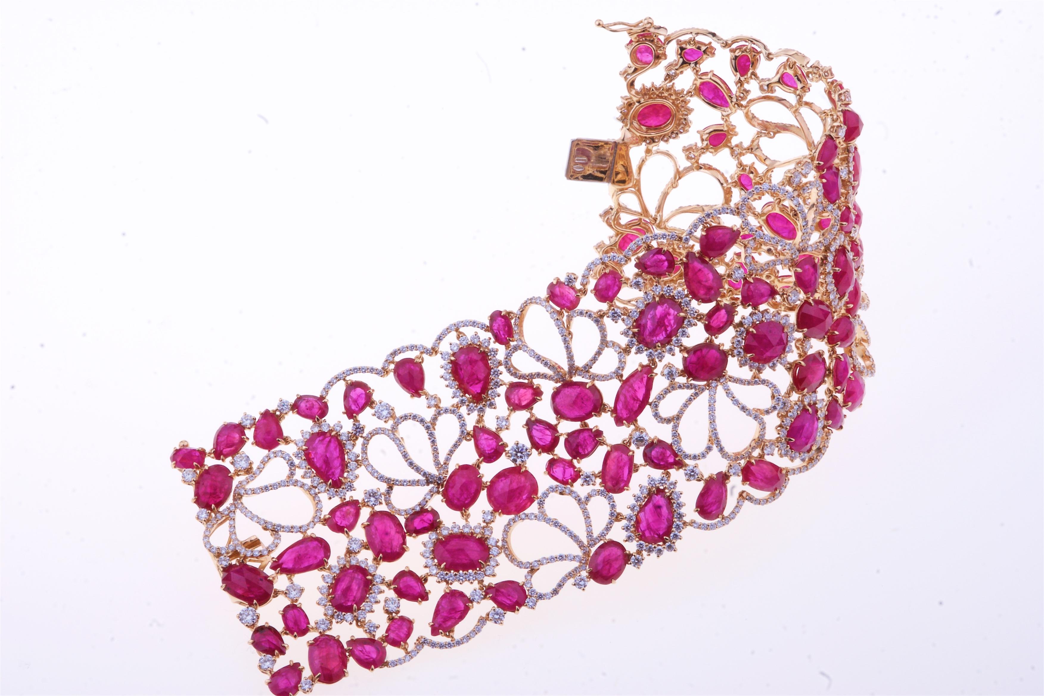 Mixed Cut Stunning Band Bracelet with Ruby and Diamonds in a Flowers Design For Sale