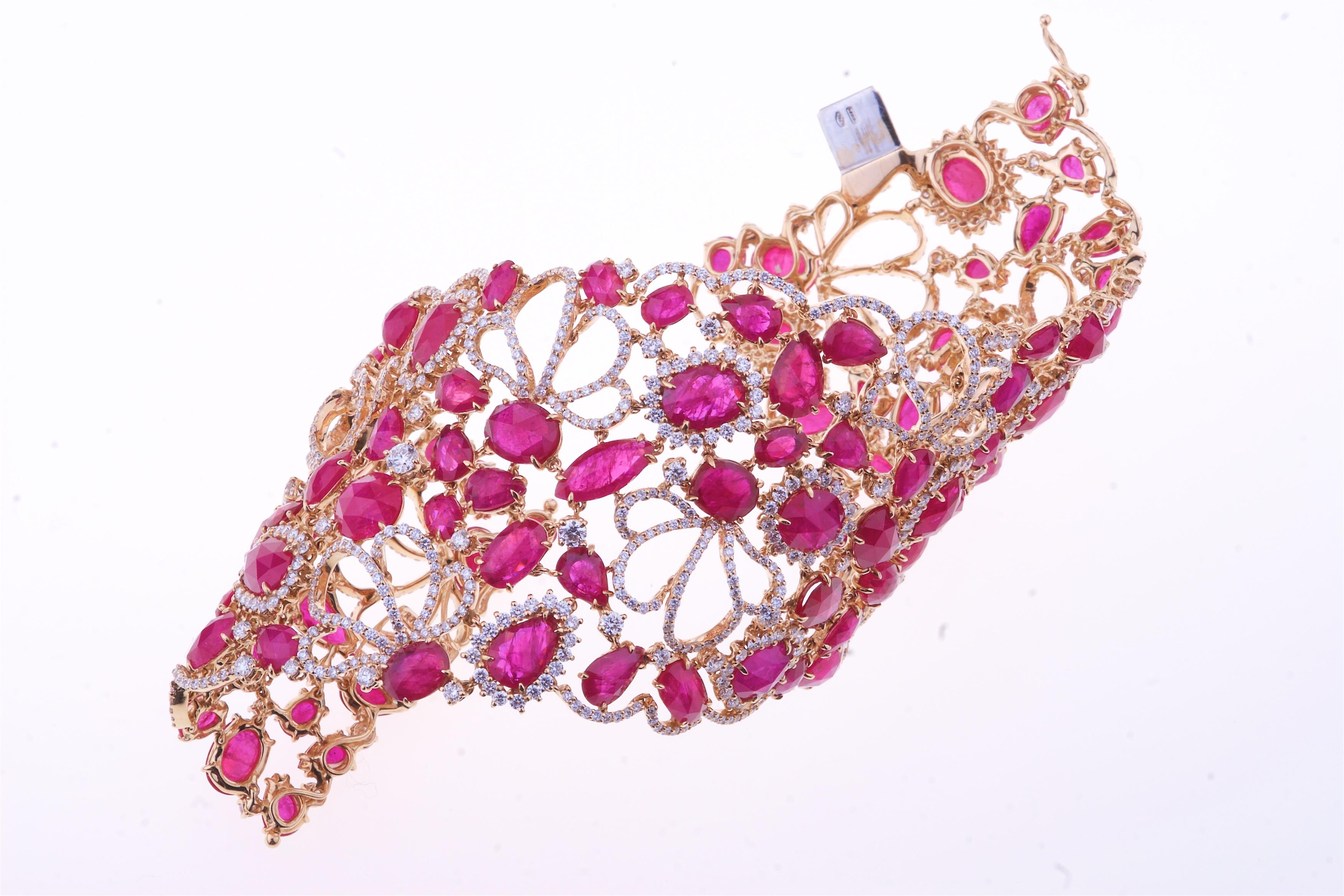 Women's Stunning Band Bracelet with Ruby and Diamonds in a Flowers Design For Sale
