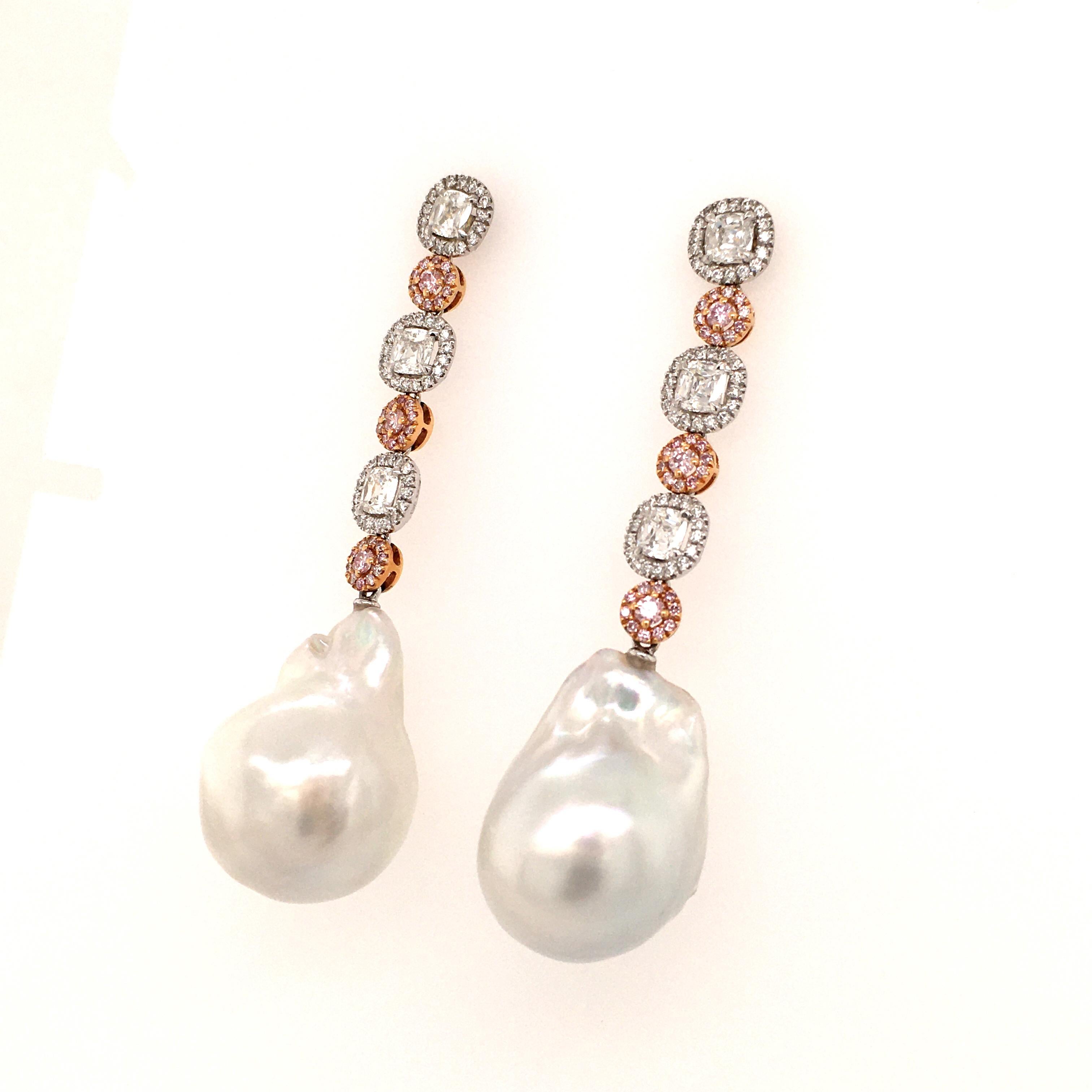 Modern Stunning Baroque South Sea Cultured Pearl Earstuds with Fancy Colored Diamonds For Sale