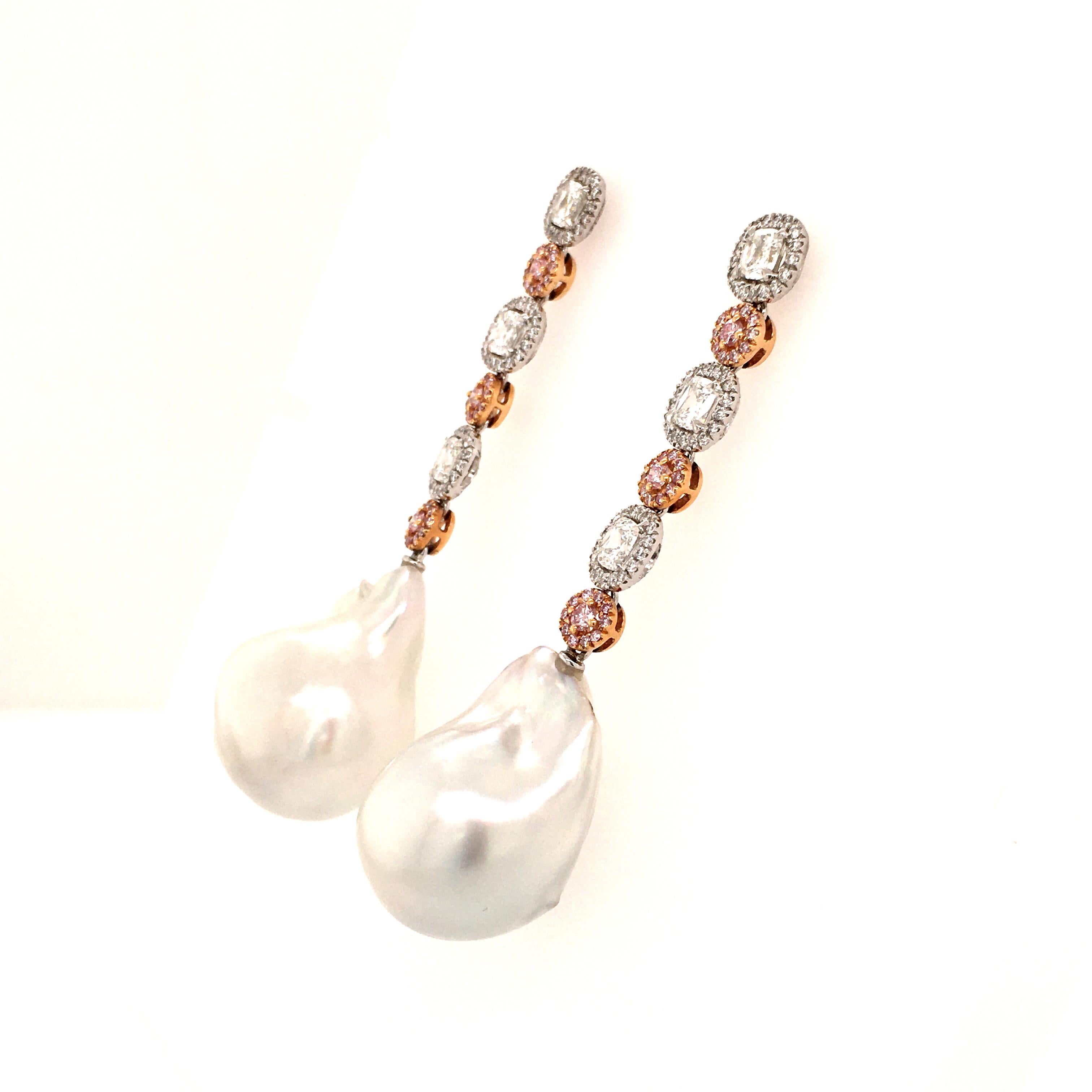 Cushion Cut Stunning Baroque South Sea Cultured Pearl Earstuds with Fancy Colored Diamonds For Sale