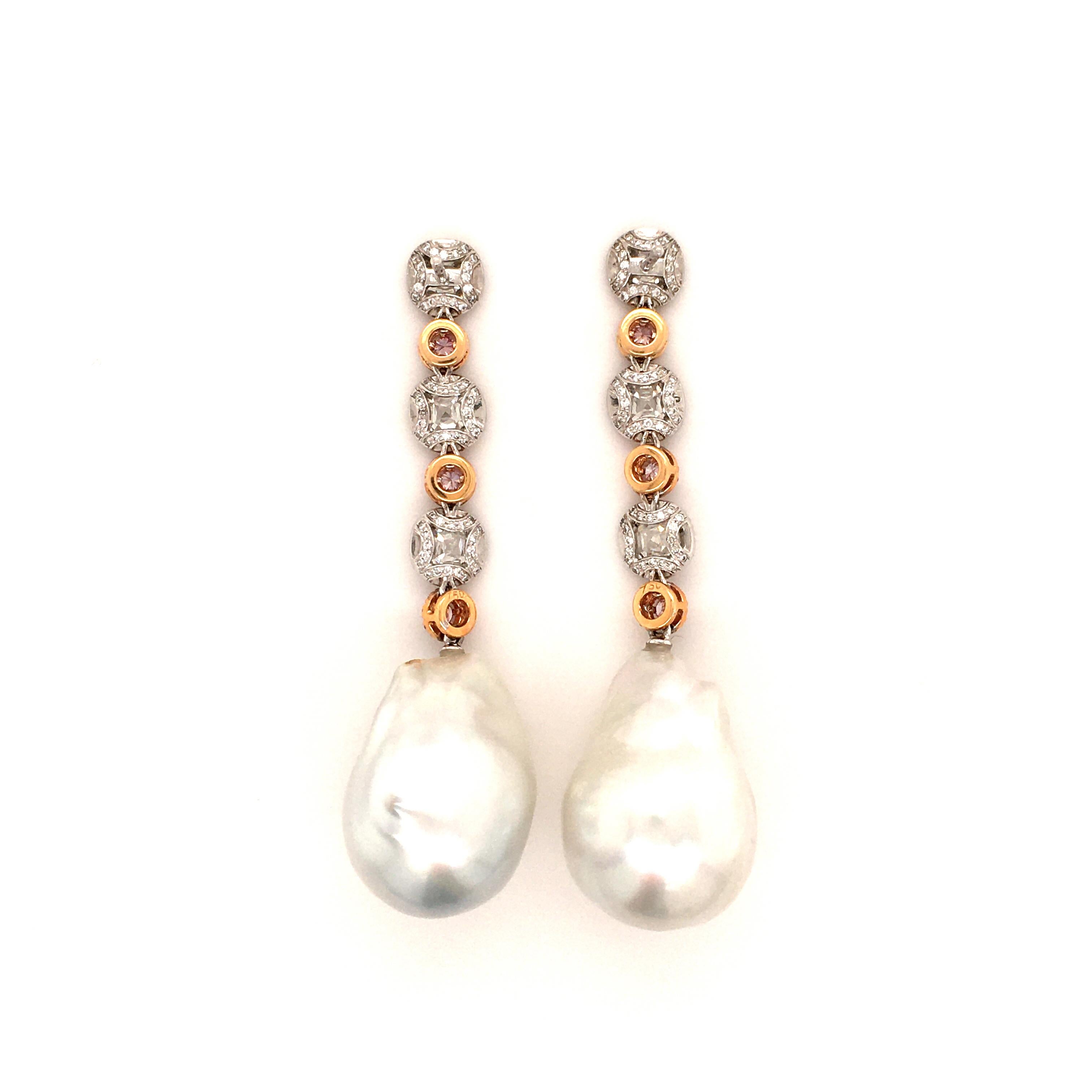 Stunning Baroque South Sea Cultured Pearl Earstuds with Fancy Colored Diamonds For Sale 1