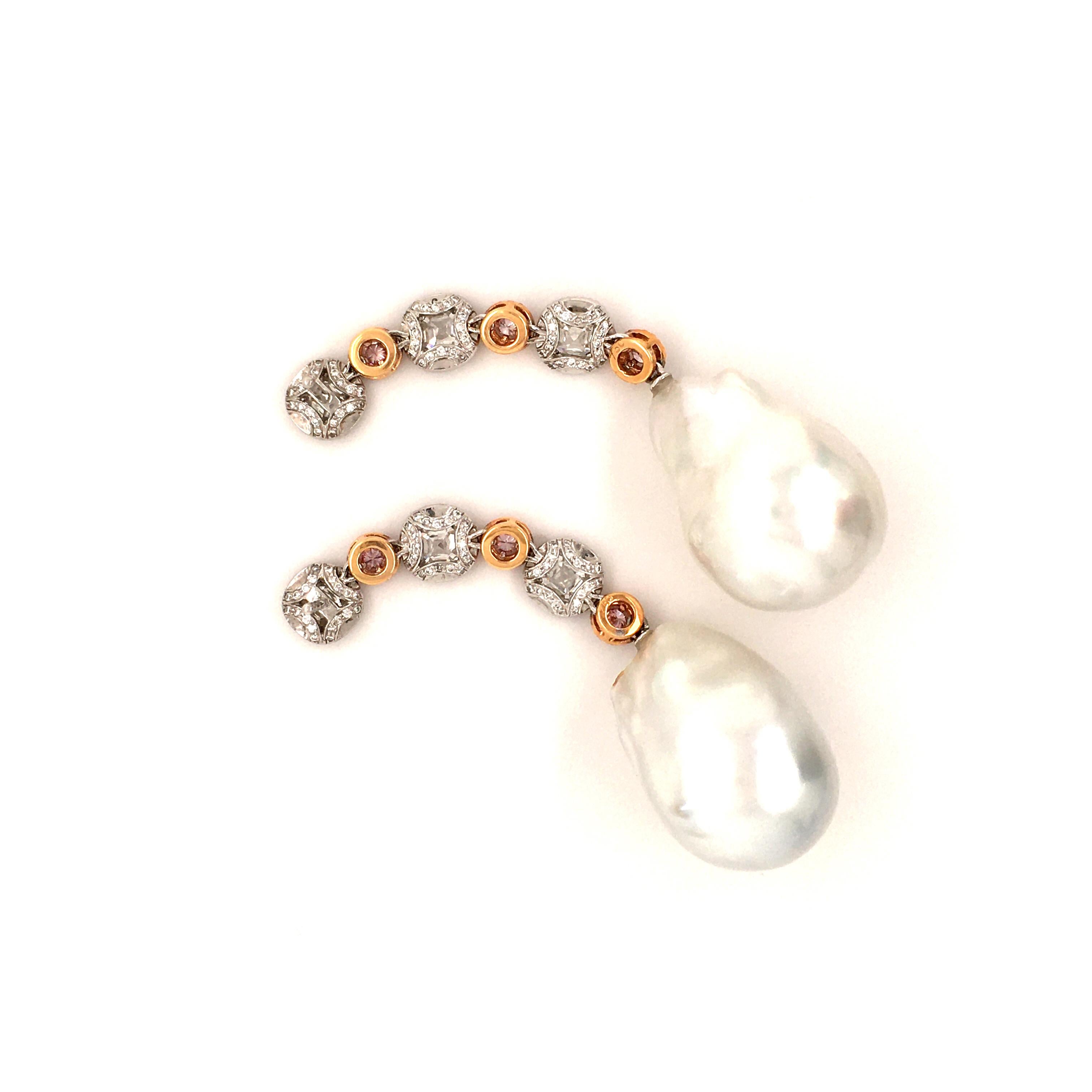 Stunning Baroque South Sea Cultured Pearl Earstuds with Fancy Colored Diamonds For Sale 3