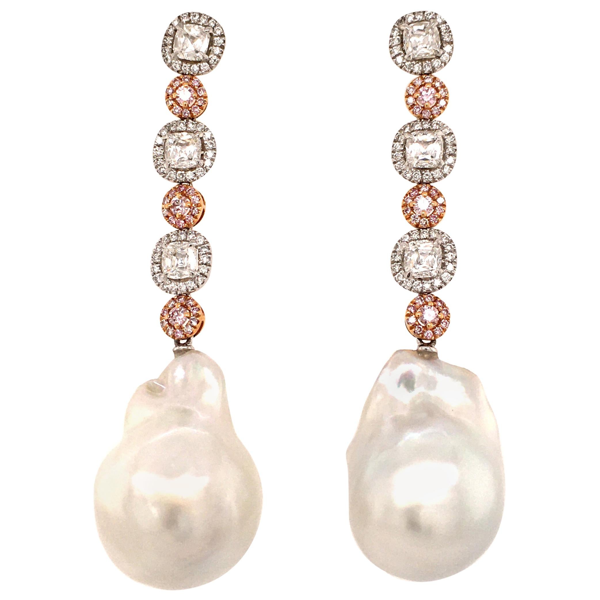 Stunning Baroque South Sea Cultured Pearl Earstuds with Fancy Colored Diamonds For Sale