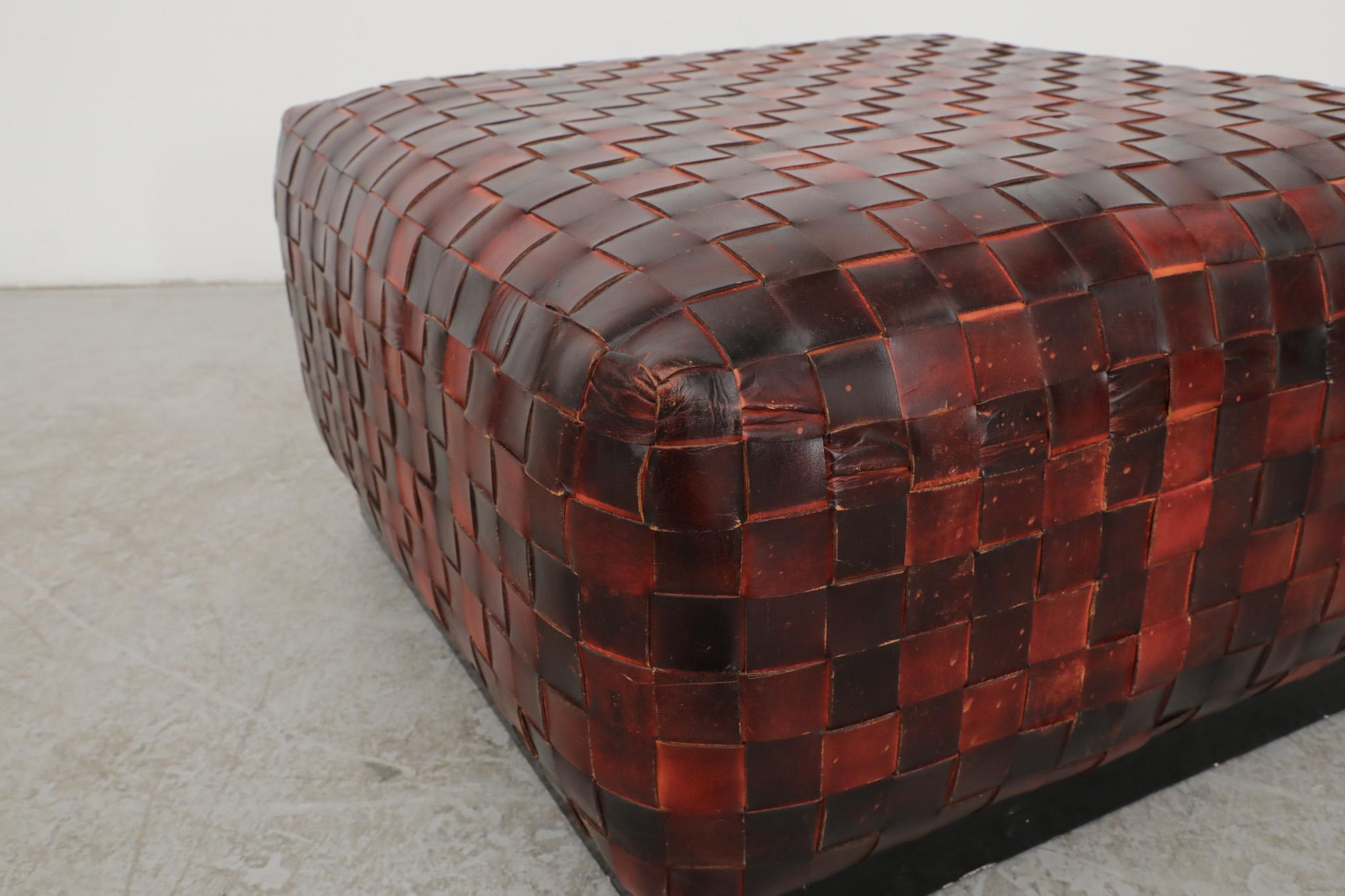 Stunning Basket Woven Red Leather Ottoman For Sale 1