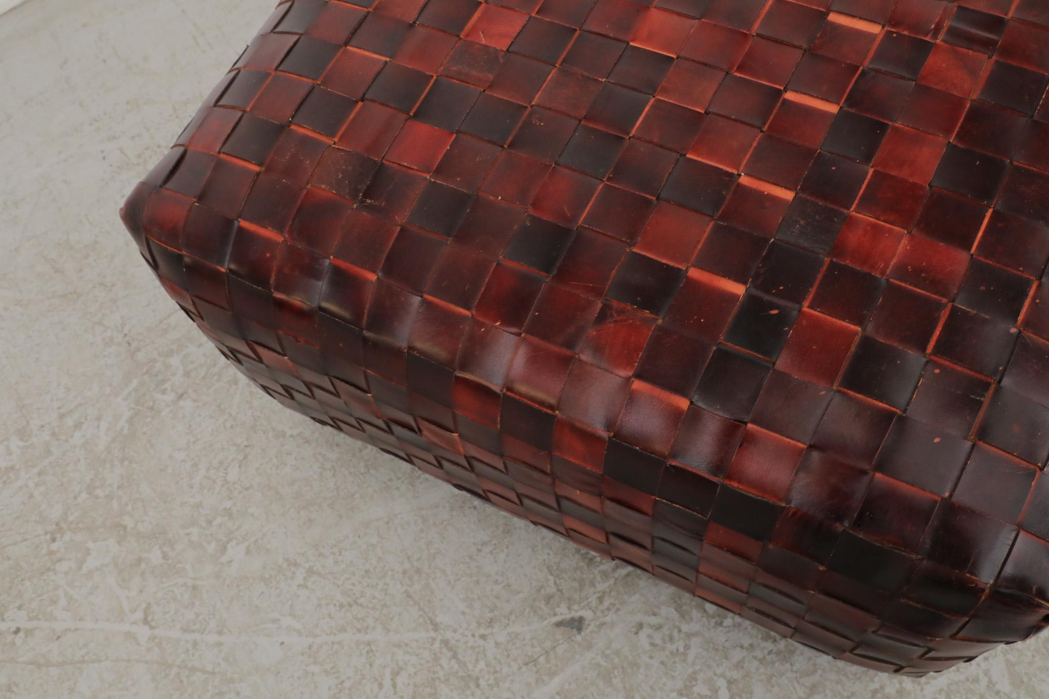 Stunning Basket Woven Red Leather Ottoman For Sale 3