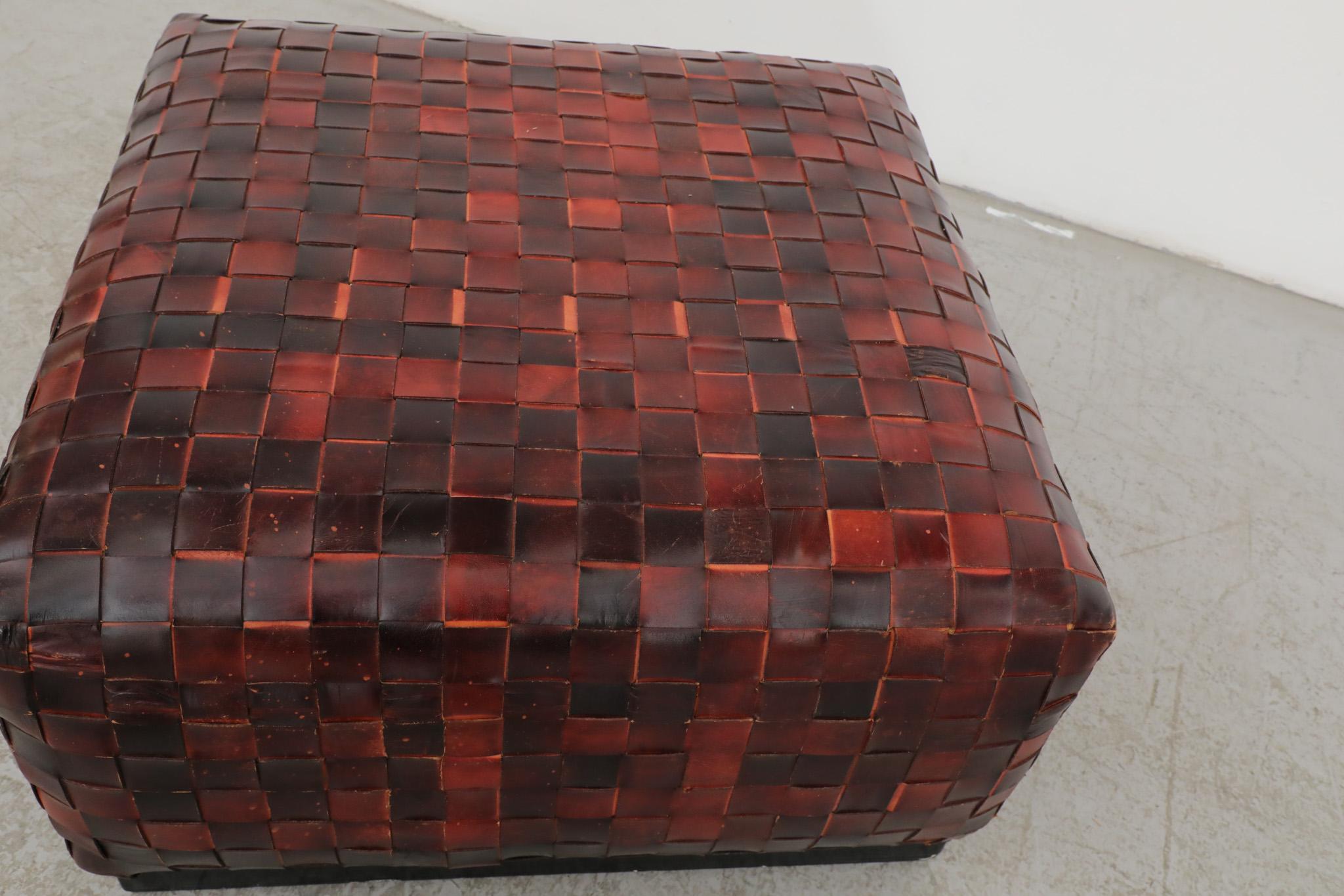 Stunning Basket Woven Red Leather Ottoman For Sale 4