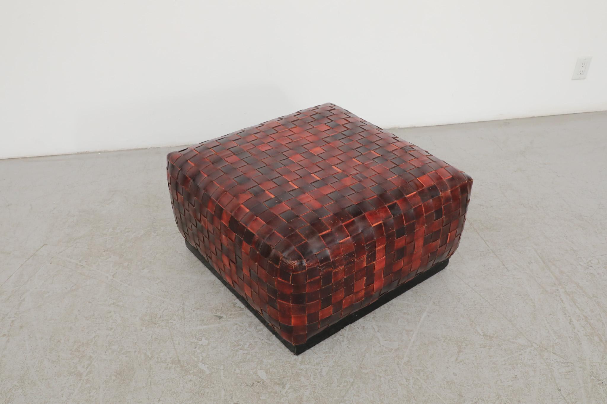 Stunning Basket Woven Red Leather Ottoman For Sale 5
