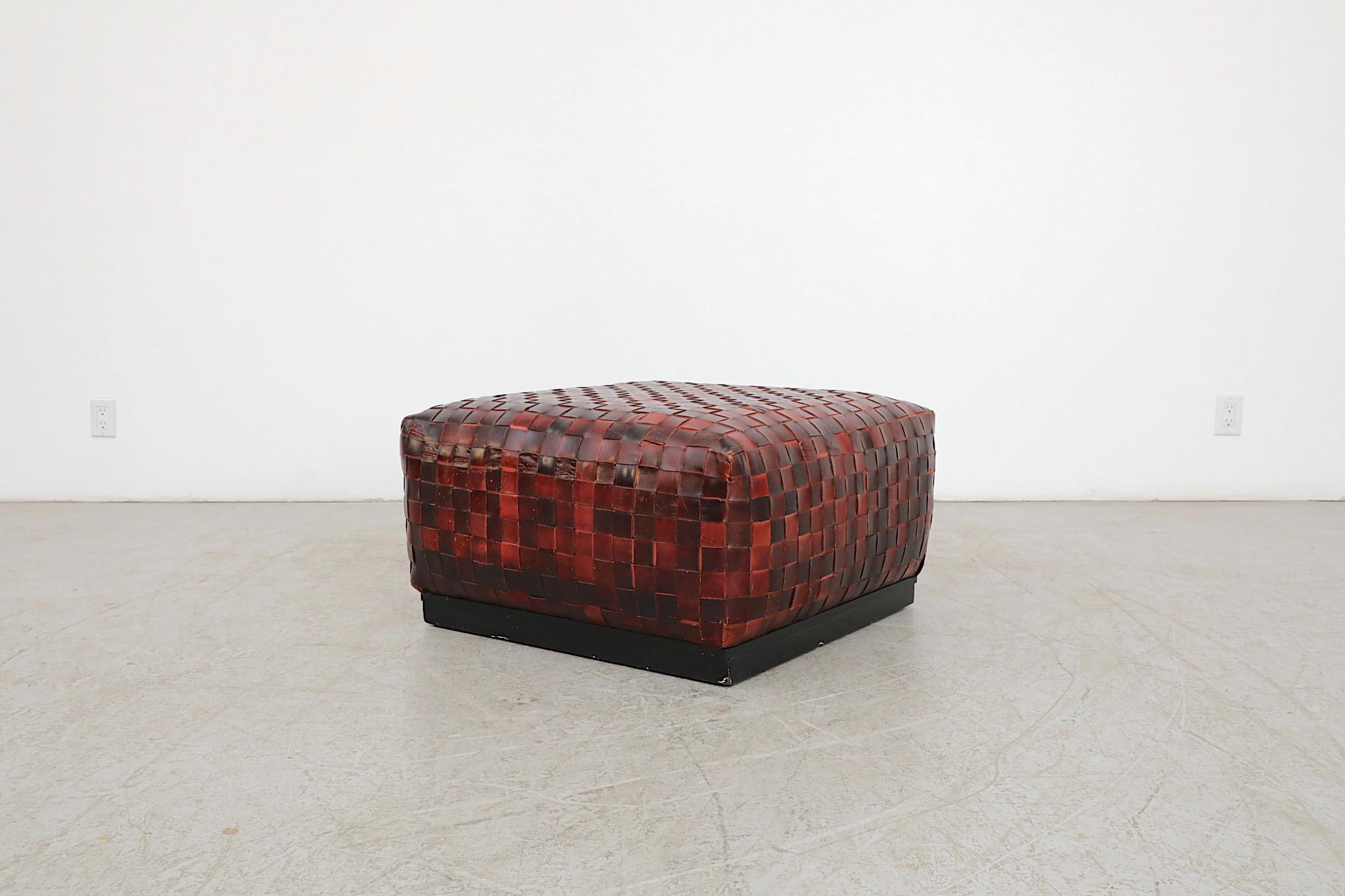 Stunning Basket Woven Red Leather Ottoman For Sale 6
