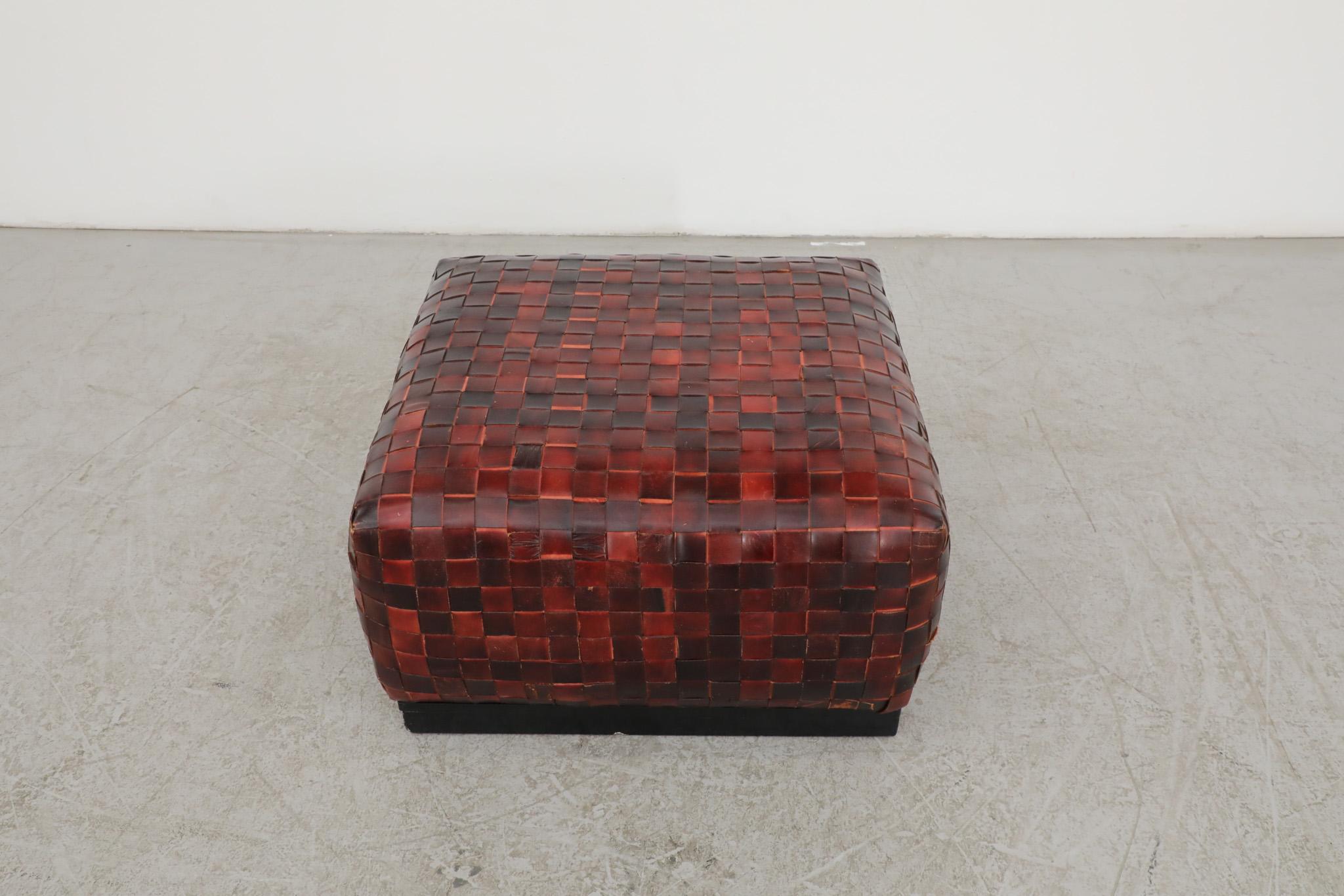 Mid-Century Modern Stunning Basket Woven Red Leather Ottoman For Sale