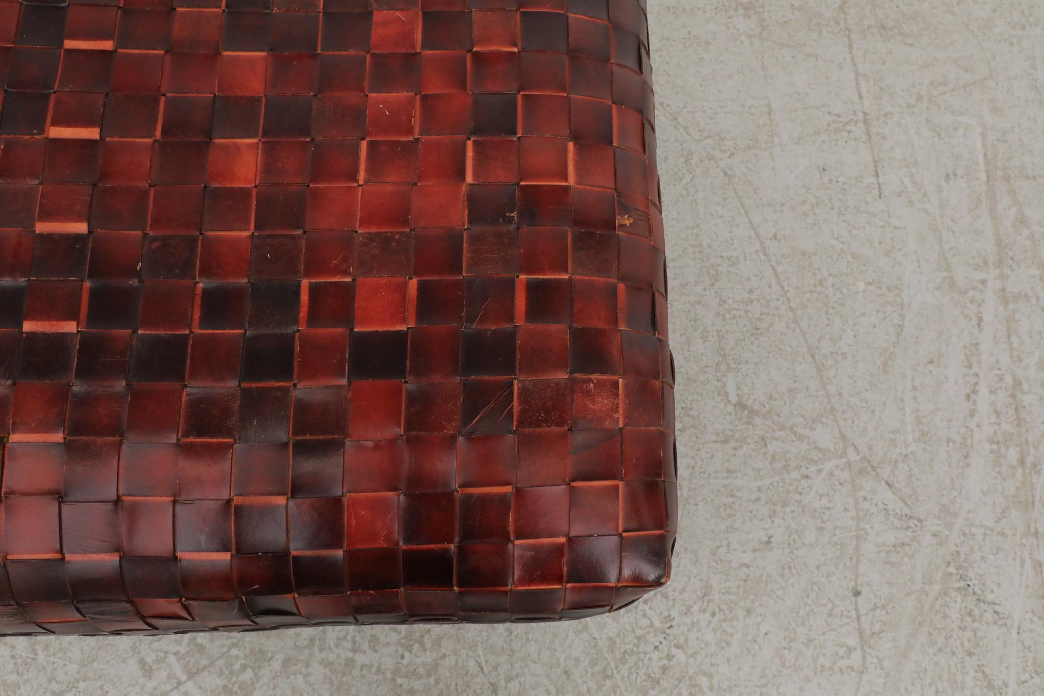 Late 20th Century Stunning Basket Woven Red Leather Ottoman For Sale