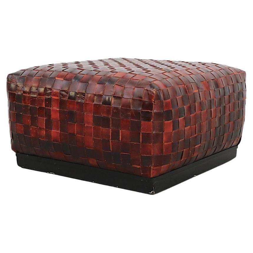 Stunning Basket Woven Red Leather Ottoman For Sale