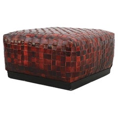 Retro Stunning Basket Woven Red Leather Ottoman