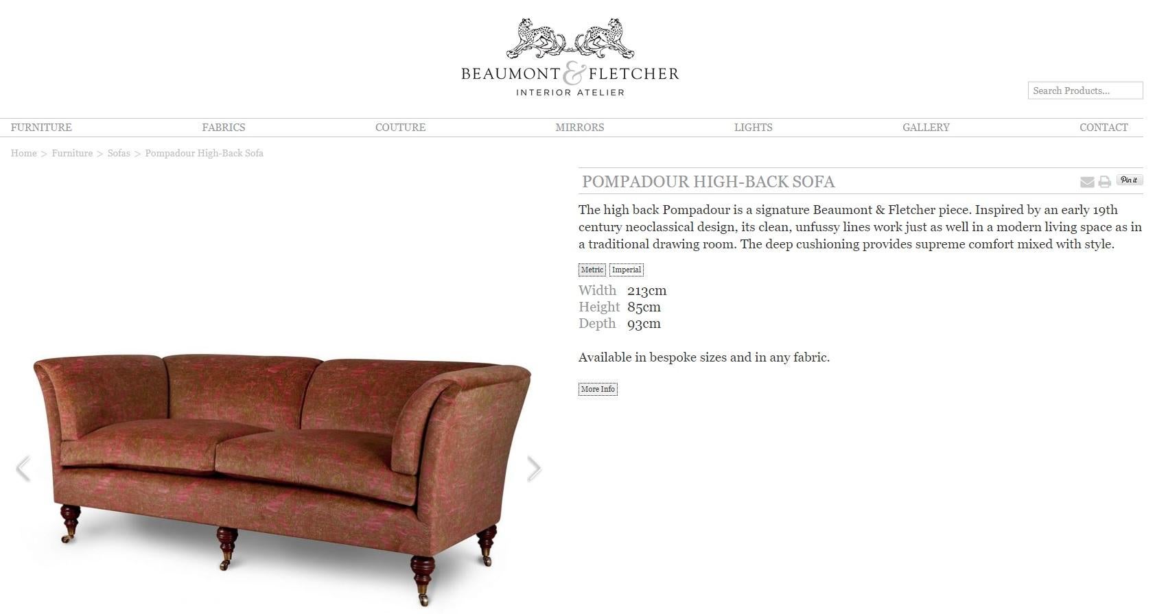 We are delighted to offer for sale this absolutely exceptional Beaumont & fletcher pompadour three seat sofa with overstuffed feather filled cushions 

Pompadour high-back sofa

The high back Pompadour is a signature Beaumont & Fletcher piece.