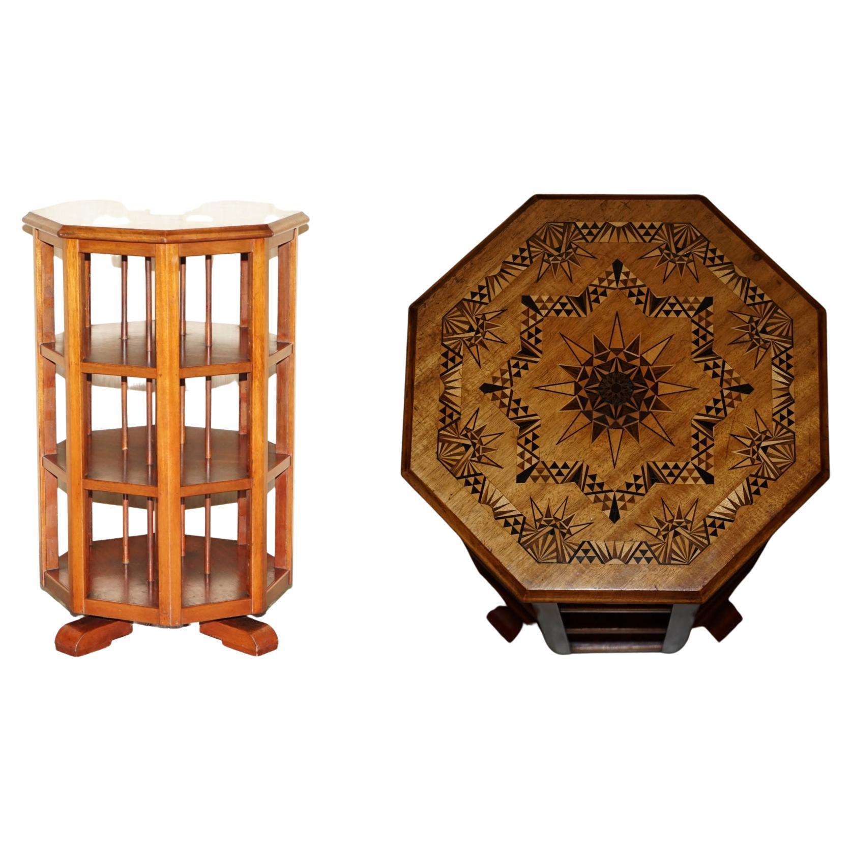 Stunning Beautifully Inlaid Octagonal Revolving Bookcase Book Table Must See Pic For Sale