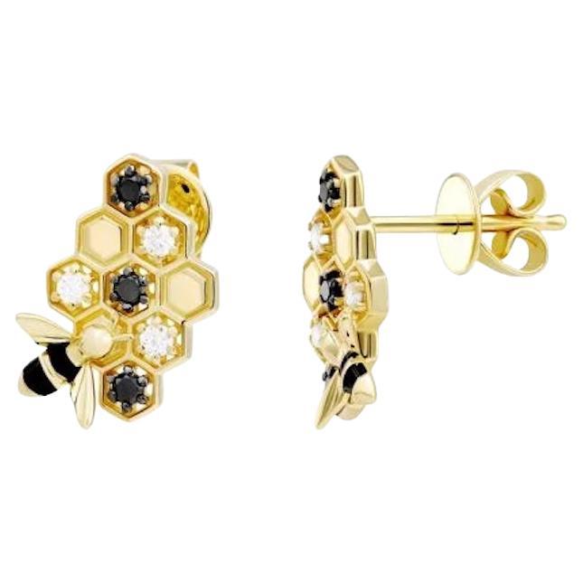 Stunning BEE Studs Diamond Enamel Yellow Gold for Her For Sale