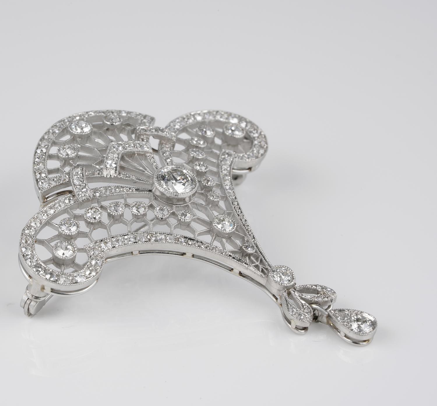 Stunning Belle Époque 2.95 Carat Diamond Rare Platinum Lavaliere Brooch Pendant In Good Condition In Napoli, IT
