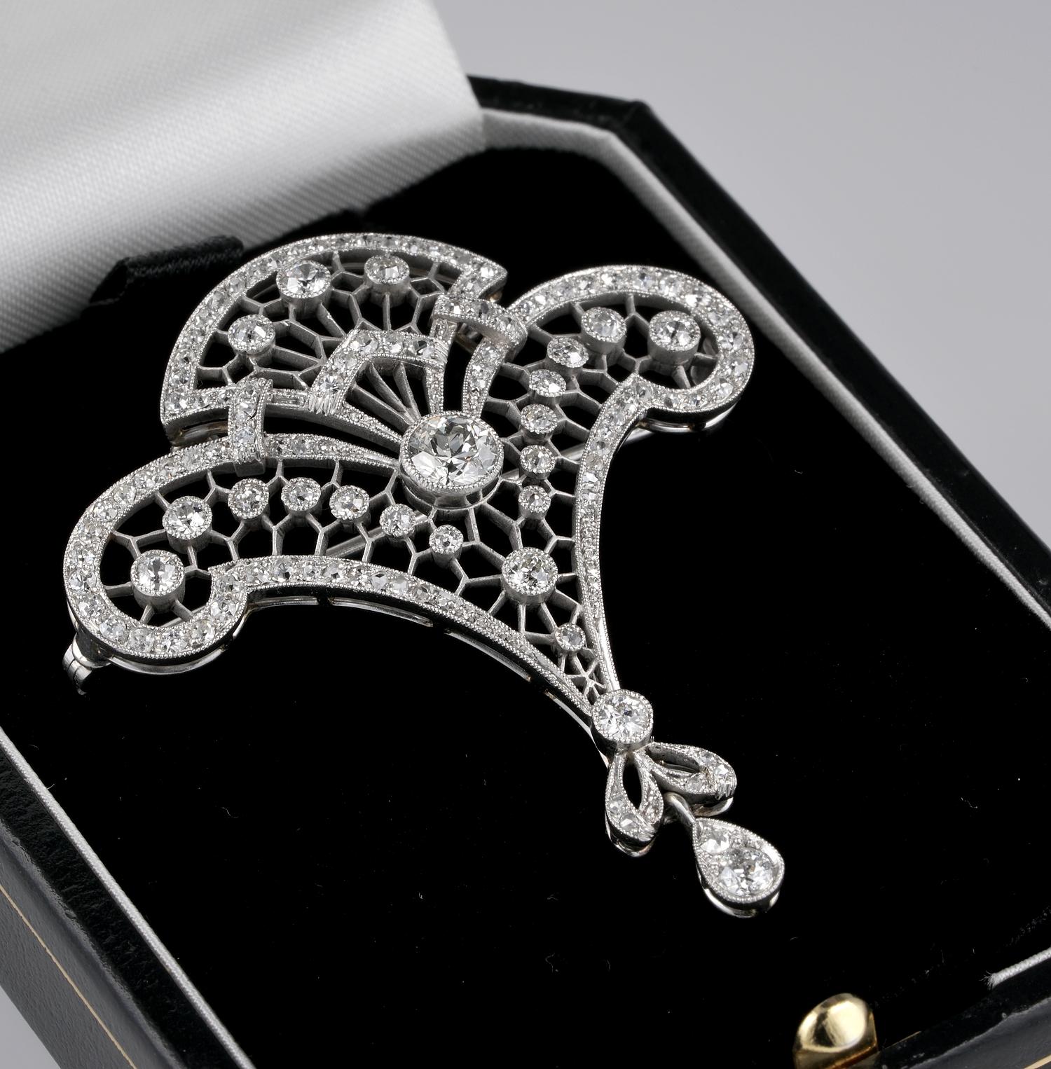 Women's Stunning Belle Époque 2.95 Carat Diamond Rare Platinum Lavaliere Brooch Pendant