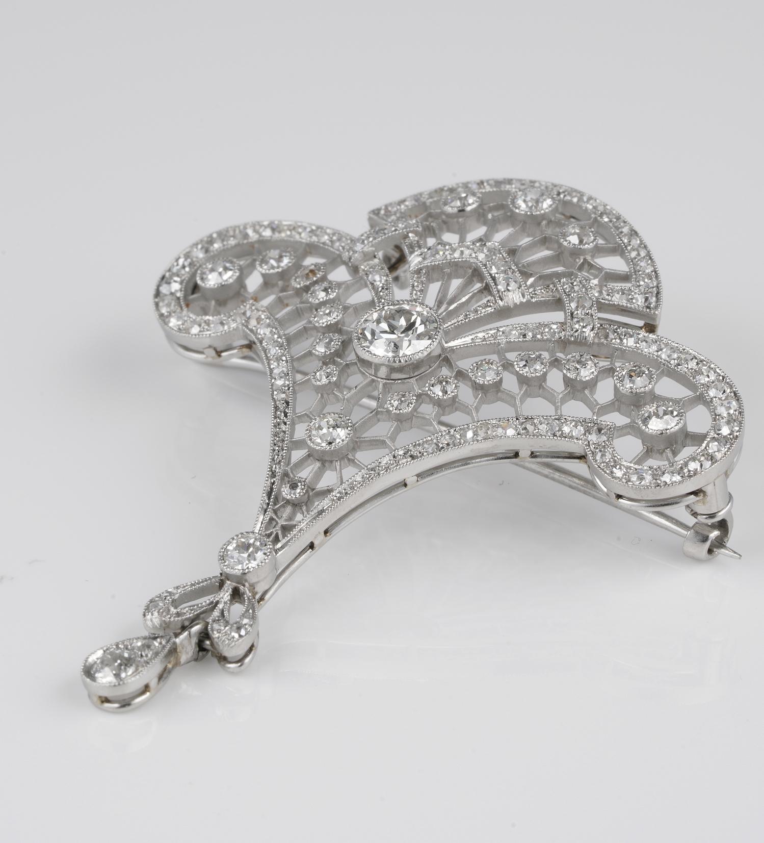 Stunning Belle Époque 2.95 Carat Diamond Rare Platinum Lavaliere Brooch Pendant 1