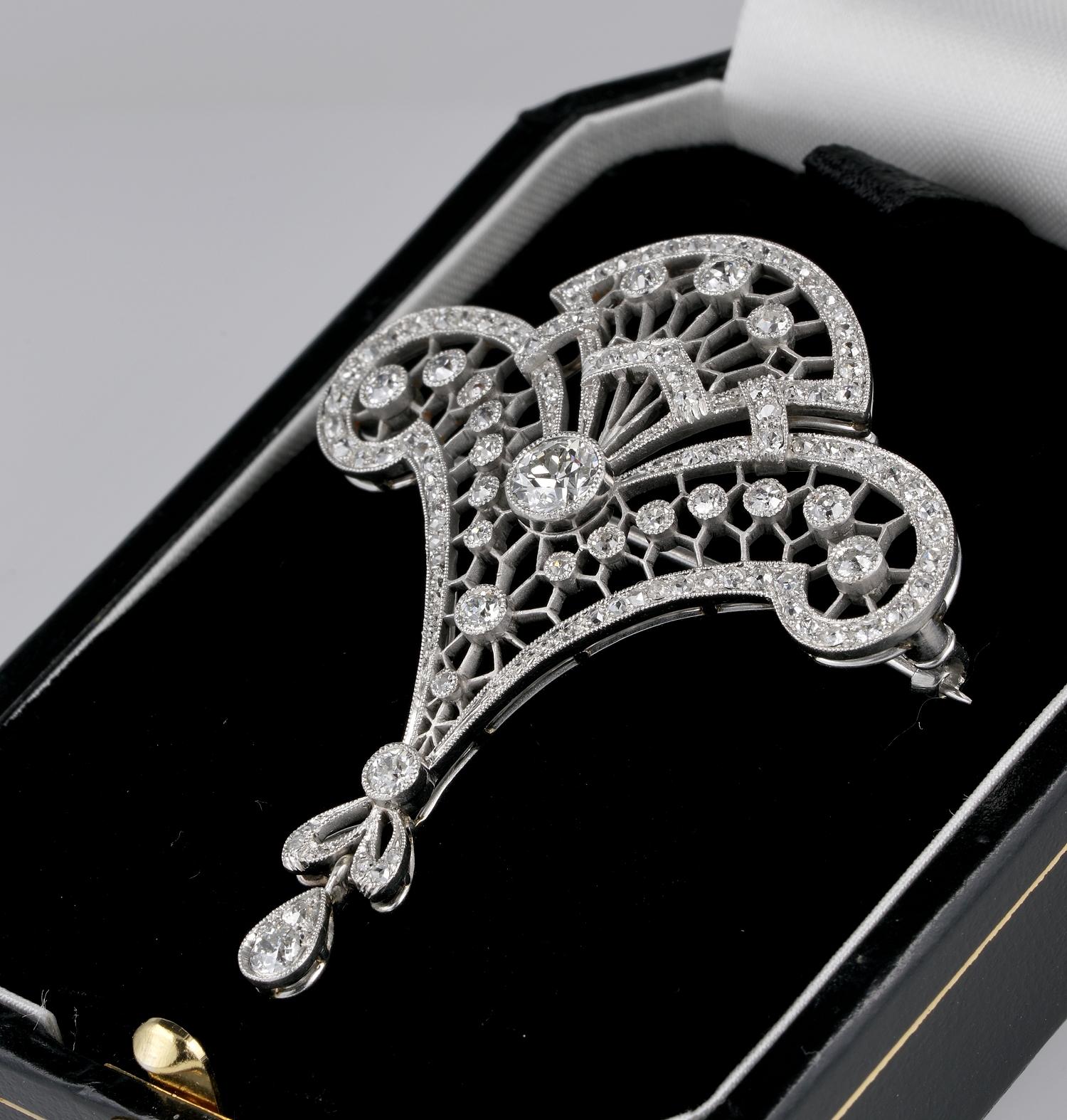 Stunning Belle Époque 2.95 Carat Diamond Rare Platinum Lavaliere Brooch Pendant 2