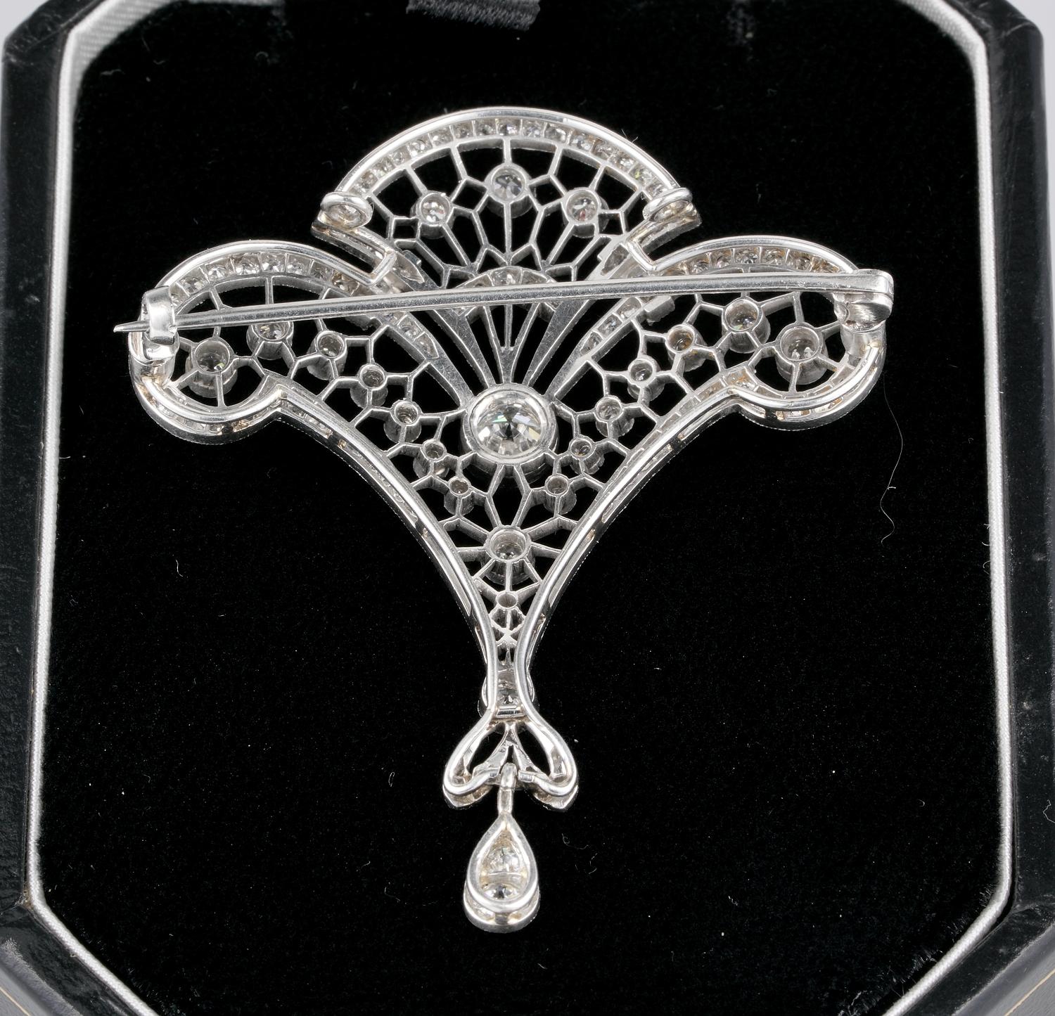 Stunning Belle Époque 2.95 Carat Diamond Rare Platinum Lavaliere Brooch Pendant 3