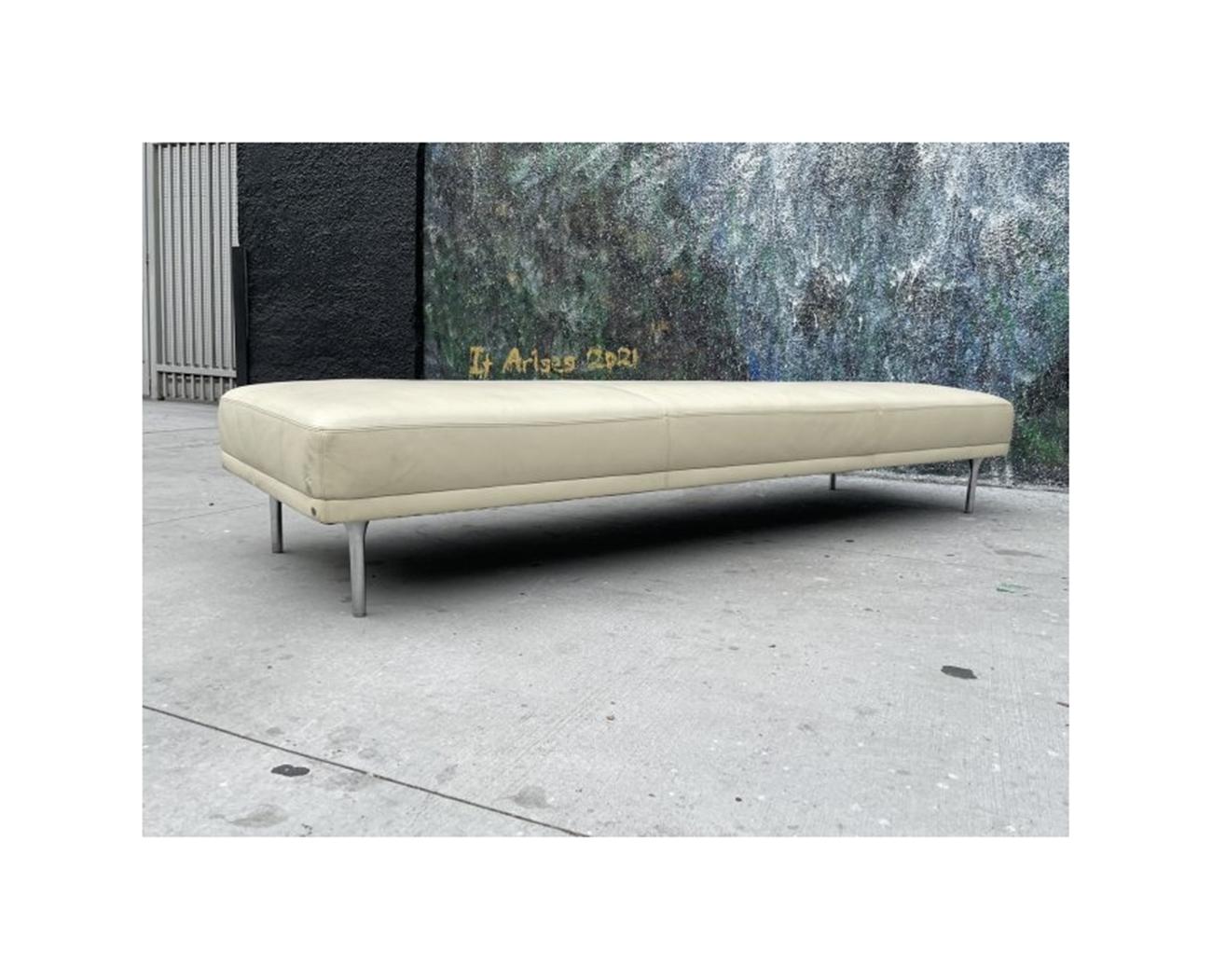 Mid-Century Modern Stunning Bench with Stainless Steel Round Legs & Leather Upholstery For Sale