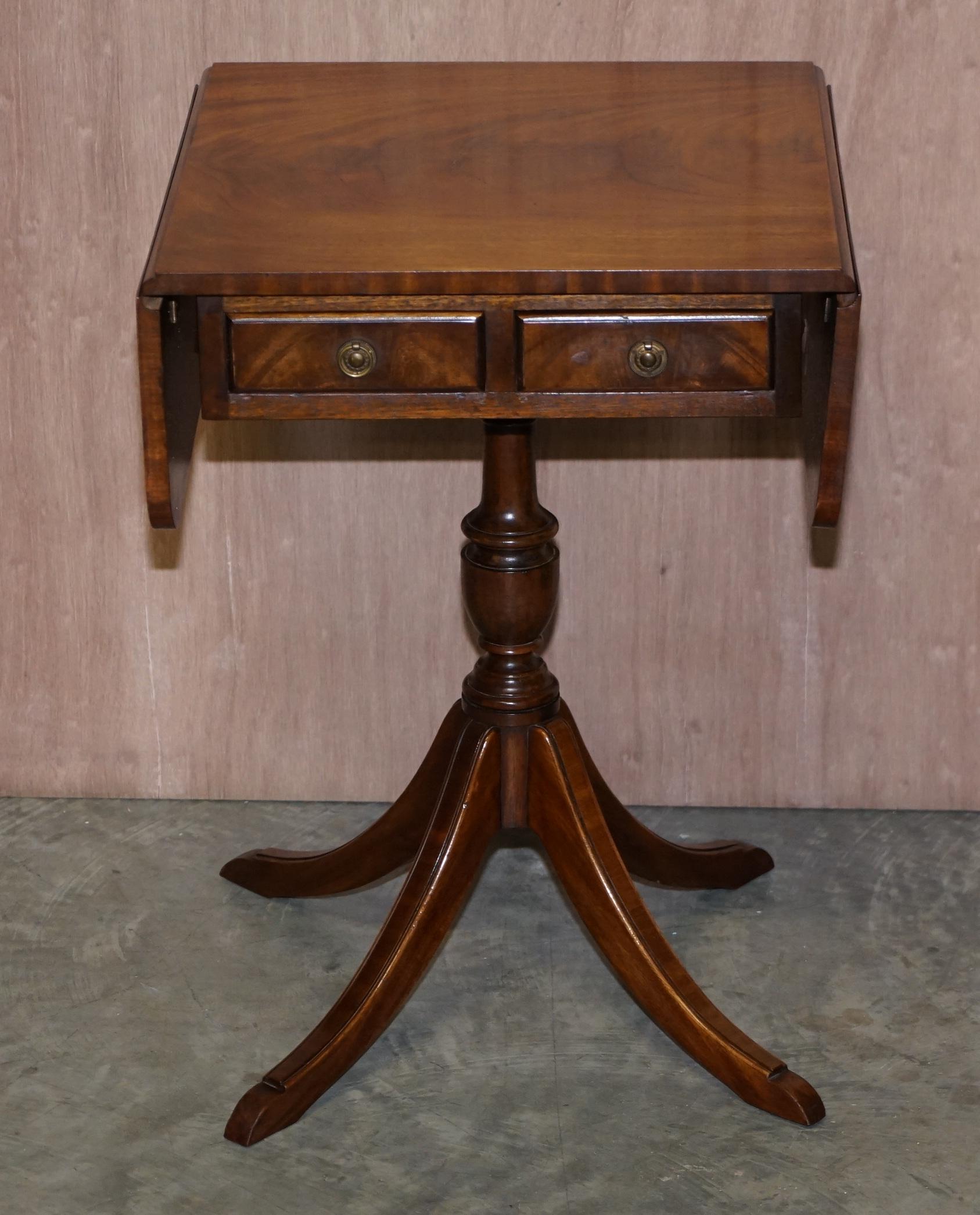 We are delighted to offer this lovely flamed mahogany Bevan Funnell extending side table with two drawers

This table is very well made, its extends so can be used as a card table or for serving lunch

We have cleaned waxed and polished it from
