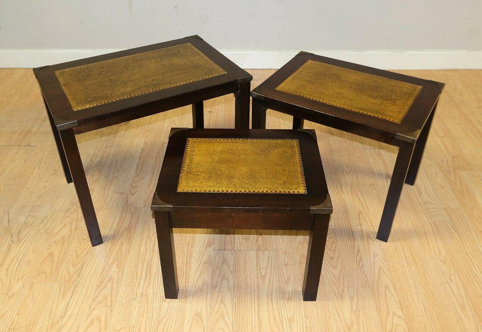 We are delighted to offer for sale these stunning Bevan Funell Mahogany campaign nest of tables.

The iconic Bevan Funnell brand is the ideal quality craft makers with its lovely design. The tables are presented with quality leather top and gold