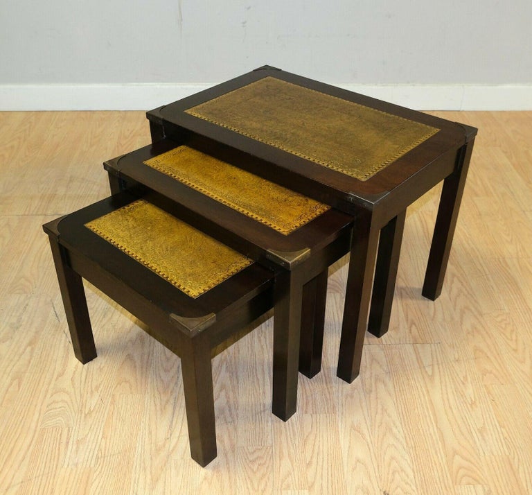 Stunning Bevan Funnell Hardwood Campaign Nest of Tables with Leather