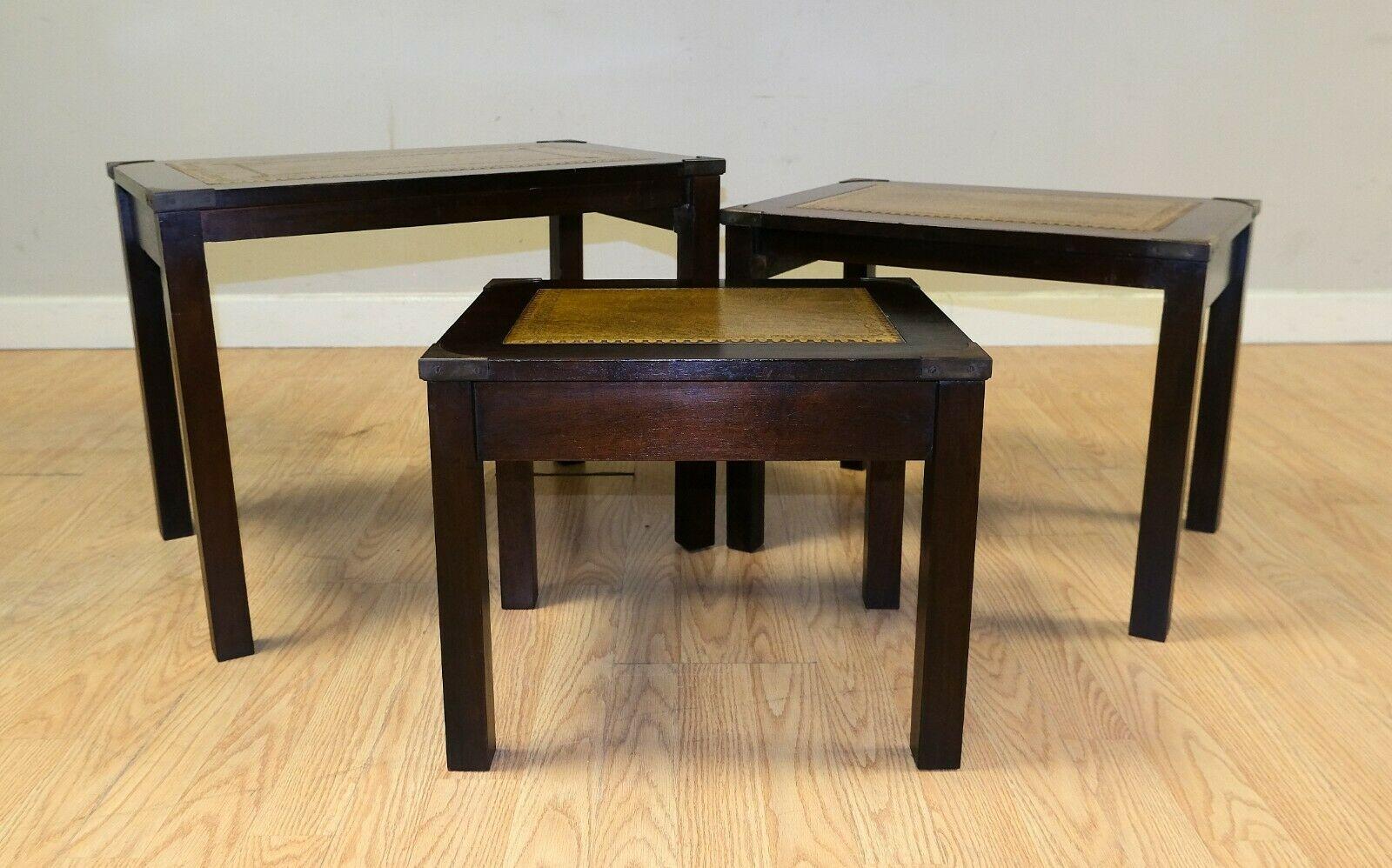20th Century Stunning Bevan Funnell Hardwood Campaign Nest of Tables with Leather Tops For Sale