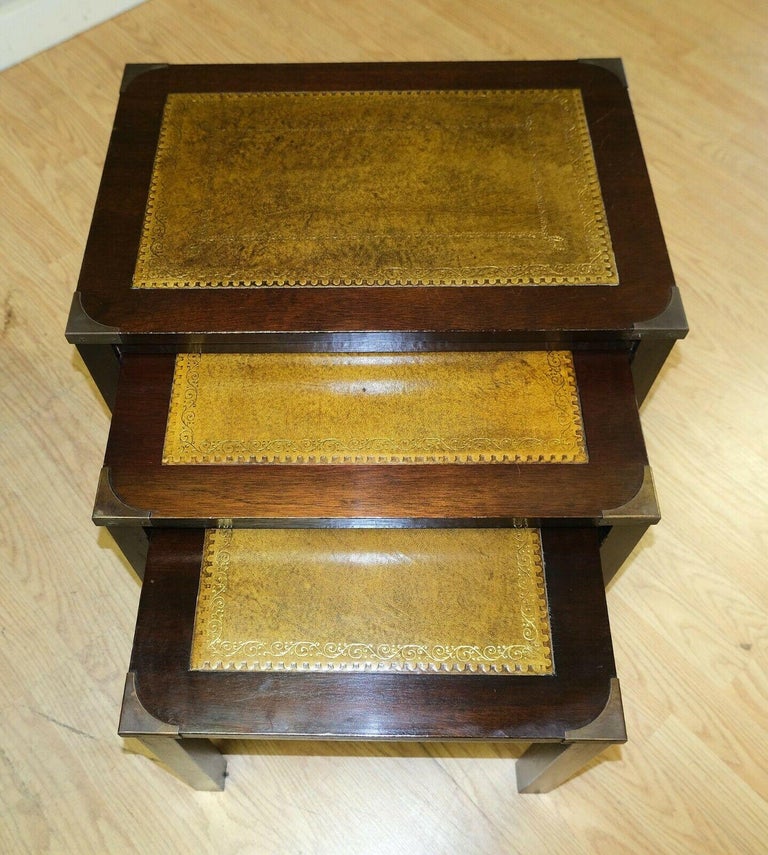 Stunning Bevan Funnell Hardwood Campaign Nest of Tables with Leather