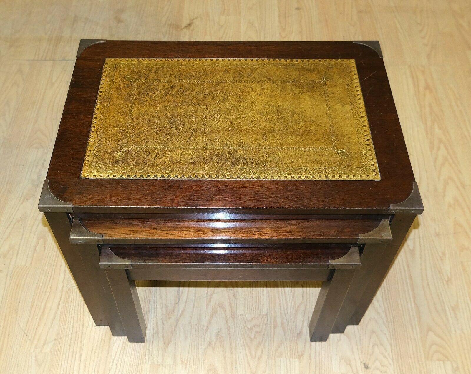 Stunning Bevan Funnell Hardwood Campaign Nest of Tables with Leather Tops For Sale 2