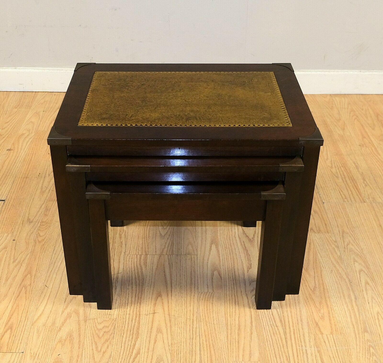 Stunning Bevan Funnell Hardwood Campaign Nest of Tables with Leather Tops For Sale 3