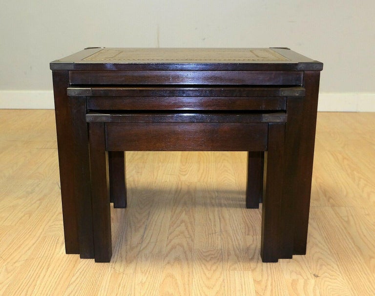 Stunning Bevan Funnell Hardwood Campaign Nest of Tables with Leather