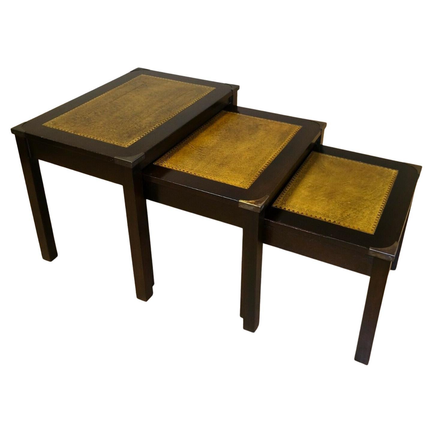 Stunning Bevan Funnell Hardwood Campaign Nest of Tables with Leather Tops